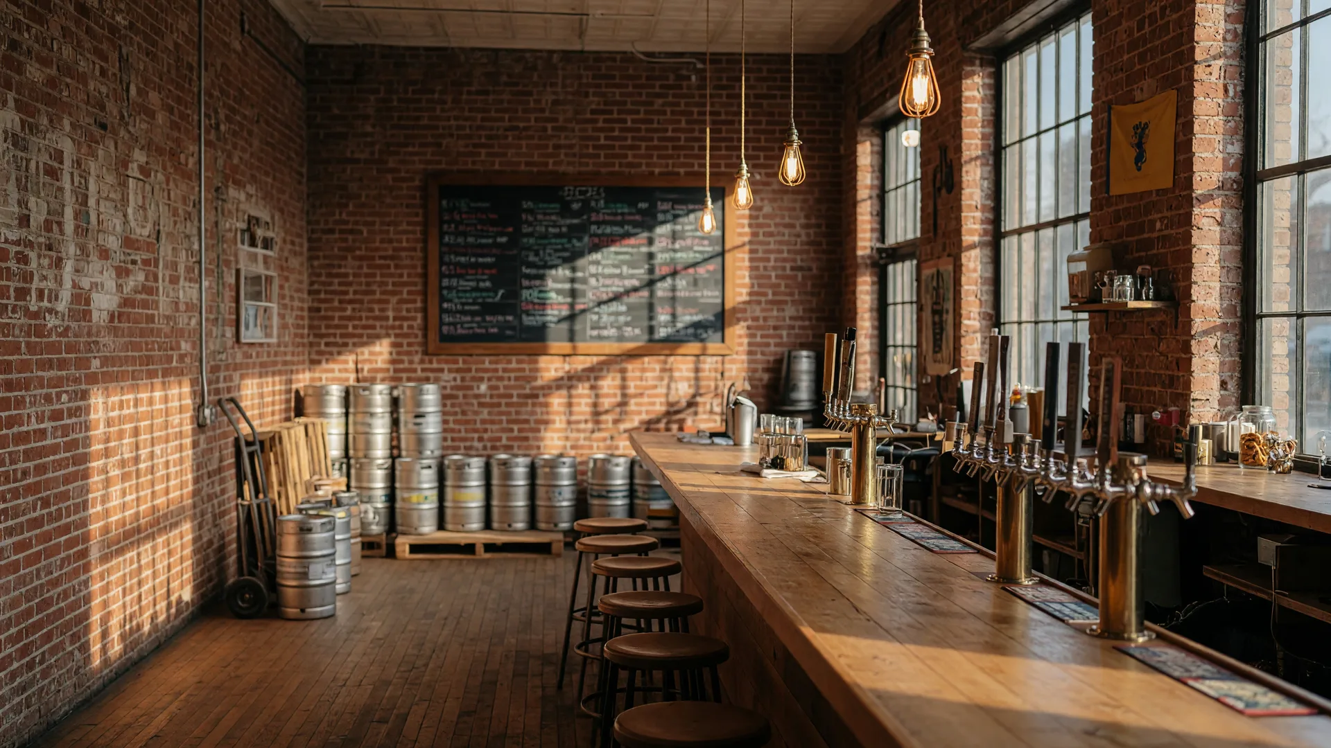 The cozy interior of a small craft brewery taproom in an old brick New Jersey building with a long wooden bar, brass tap handles, exposed brick, and warm Edison bulb lighting