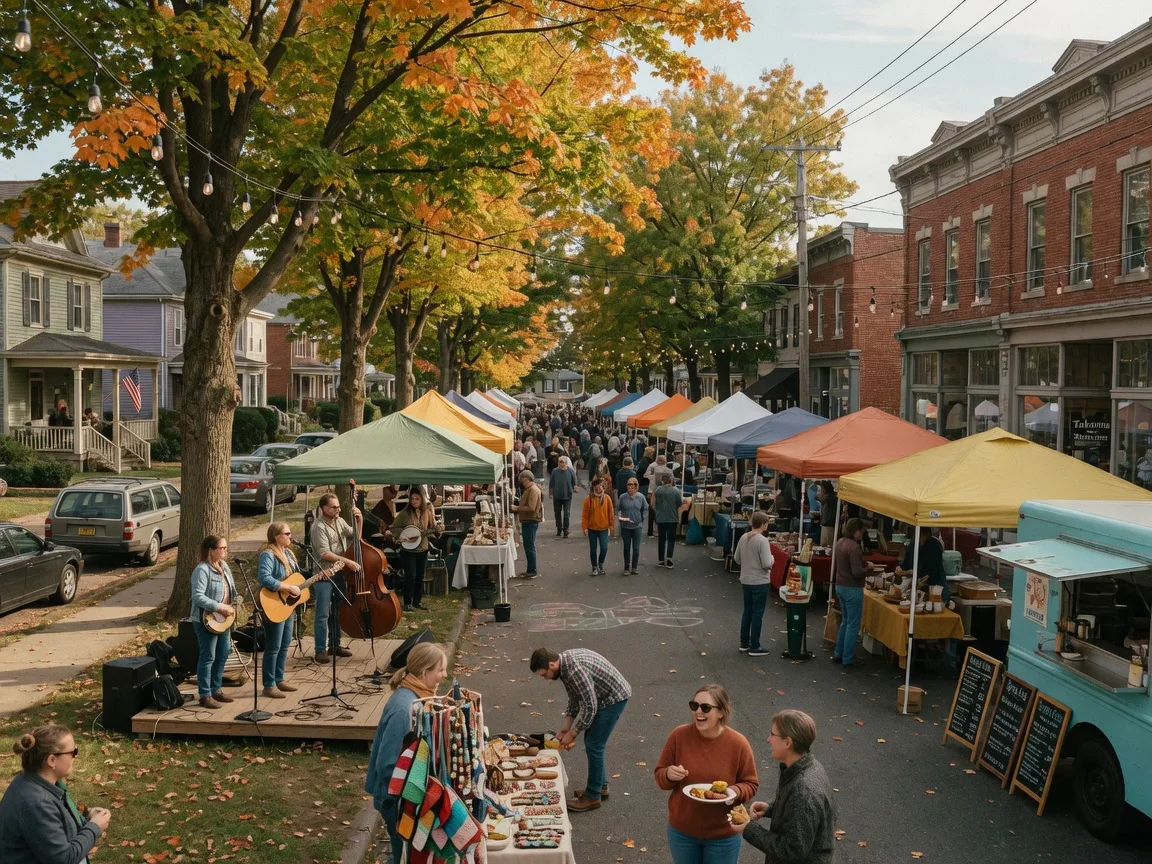 Neighborhood street festival in Takoma Park, Maryland with vendor tents and food trucks along Carroll Avenue, string lights above autumn maples, a folk band on a small wooden stage, and vintage houses and red brick storefronts in the background