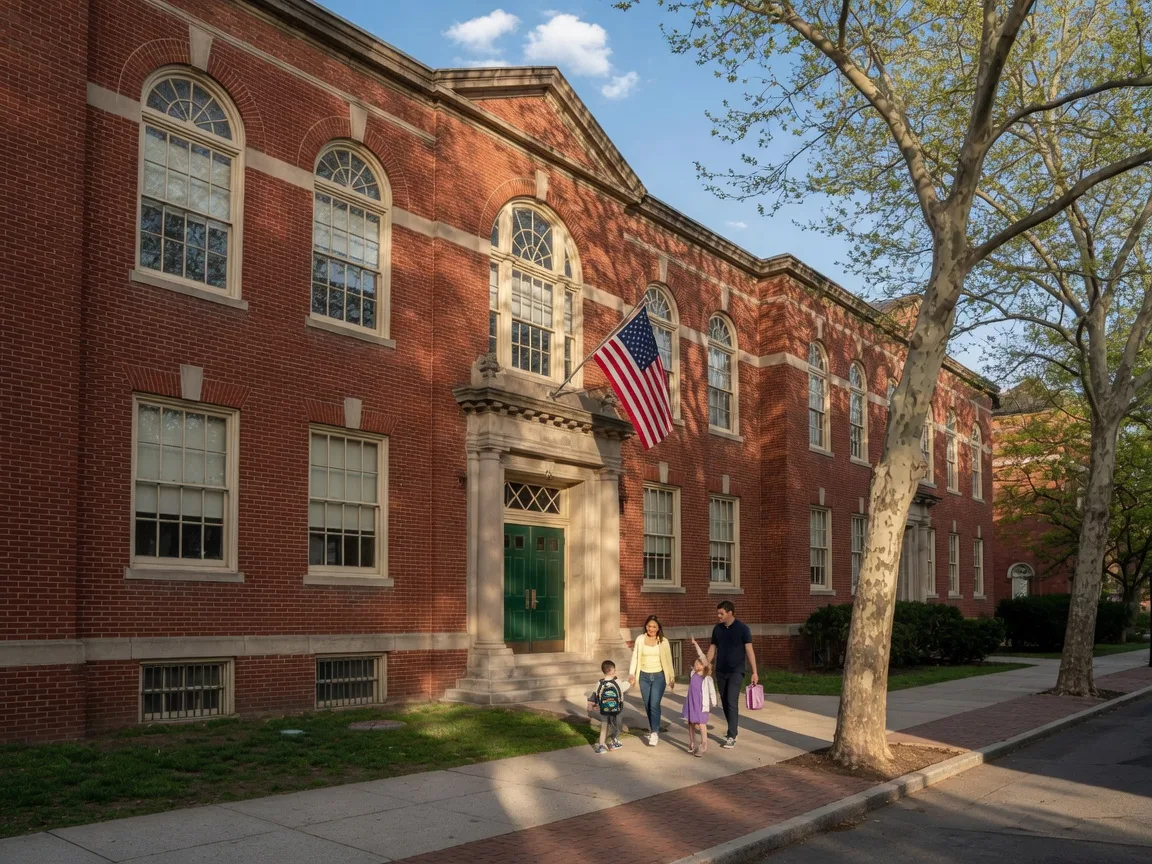 Historic school building in Fitler Square Philadelphia with parents and children walking along tree-lined sidewalk