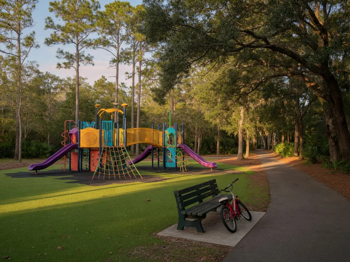 A shaded playground in a Nocatee neighborhood in late afternoon