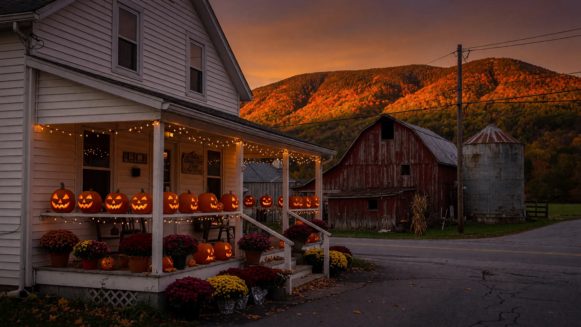 A warm dusk view of a rural Lehigh County crossroads village in late October, with carved jack-o-lanterns and potted mums on a white clapboard general store porch under string lights, and the Blue Mountain ridge at peak fall color on the horizon