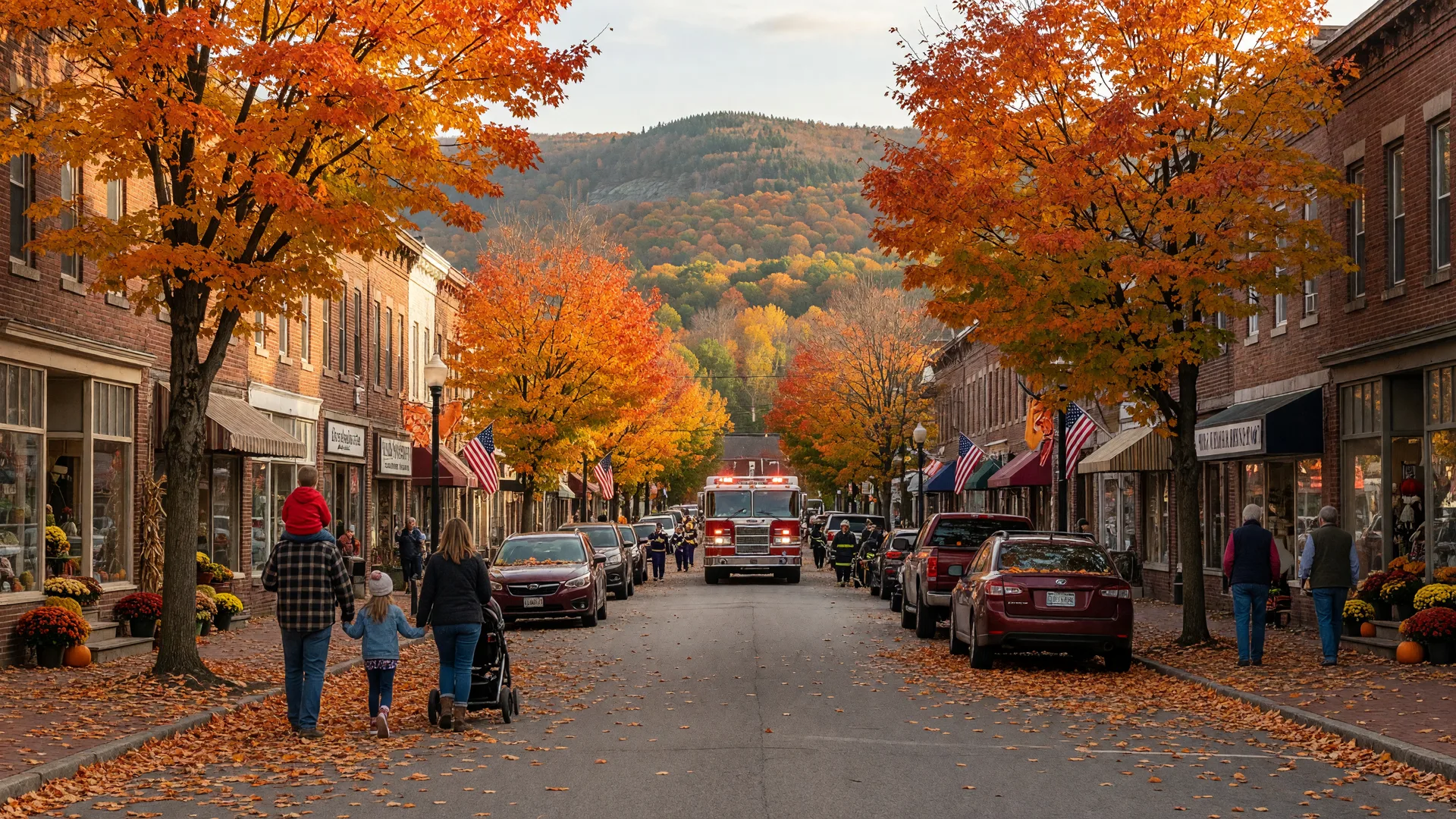 Peak mid-October color on a small Pennsylvania town main street with brick storefronts, pumpkins and mums on the sidewalks, and the Blue Mountain ridge on the horizon