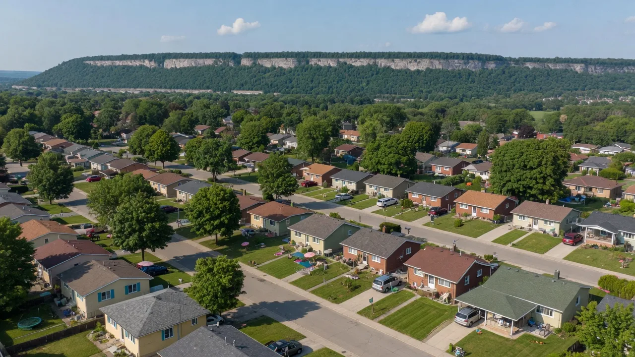 Aerial view of a Hamilton Mountain residential neighbourhood in summer