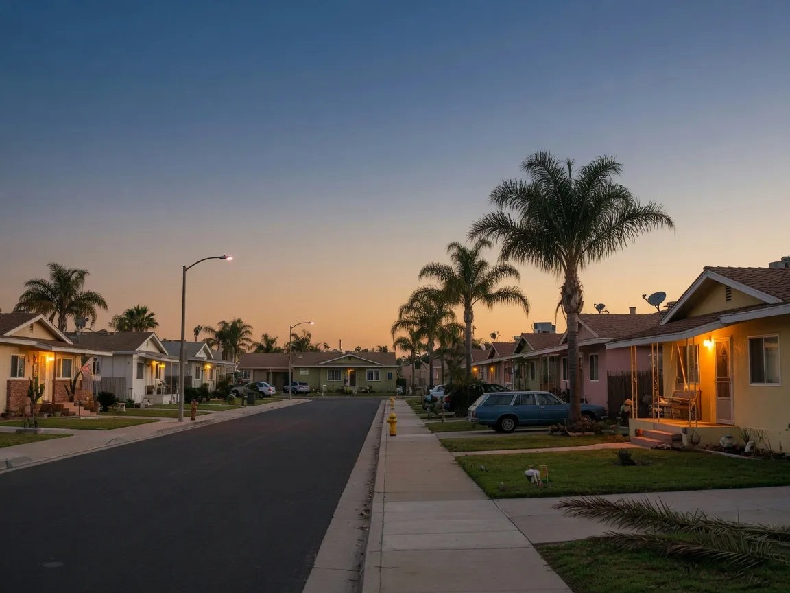 A quiet San Diego residential street at dusk with palm trees and glowing porch lights, where higher mortgage rates now shape buying decisions