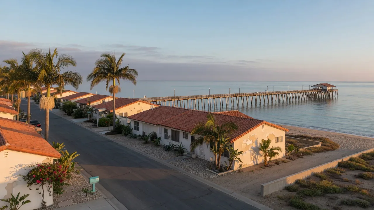 Coastal Imperial Beach homes along a palm-shaded street on a clear September morning with the Imperial Beach Pier reaching into the Pacific in the distance
