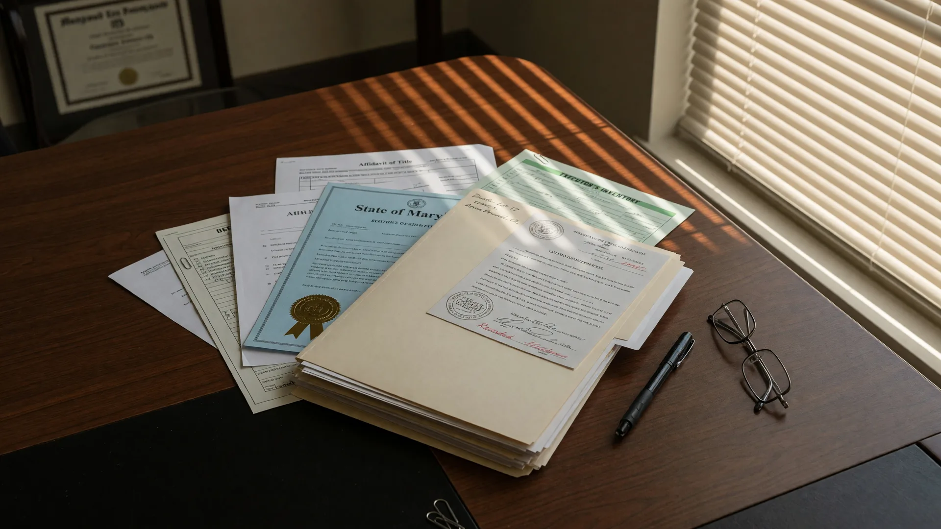 Legal documents, pen, and reading glasses arranged on a dark wood conference table in a Maryland law office