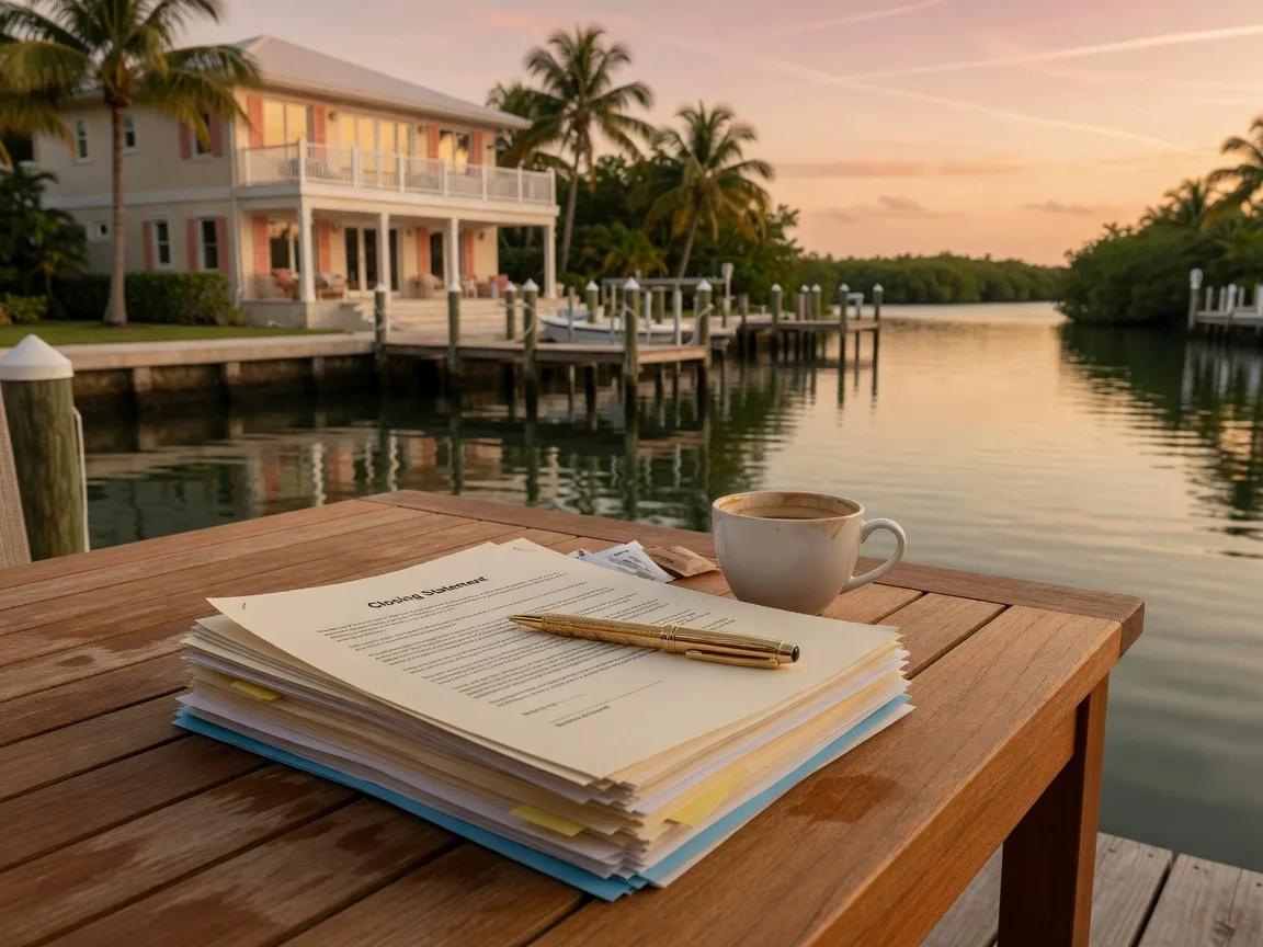 A real estate closing arrangement at a Florida Keys waterfront home, contract documents, a gold pen, and a cup of coffee on a warm teak dock table beside a deep-water canal, the luxury elevated waterfront home softly blurred in golden-hour light