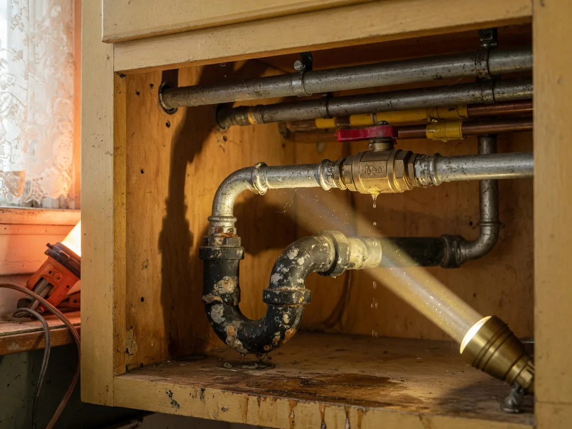 Galvanized and copper supply pipes meeting a brass shut-off valve under the kitchen sink of an older San Antonio home, a flashlight beam catching a slow drip on the threads, the kind of detail a plumbing inspection documents
