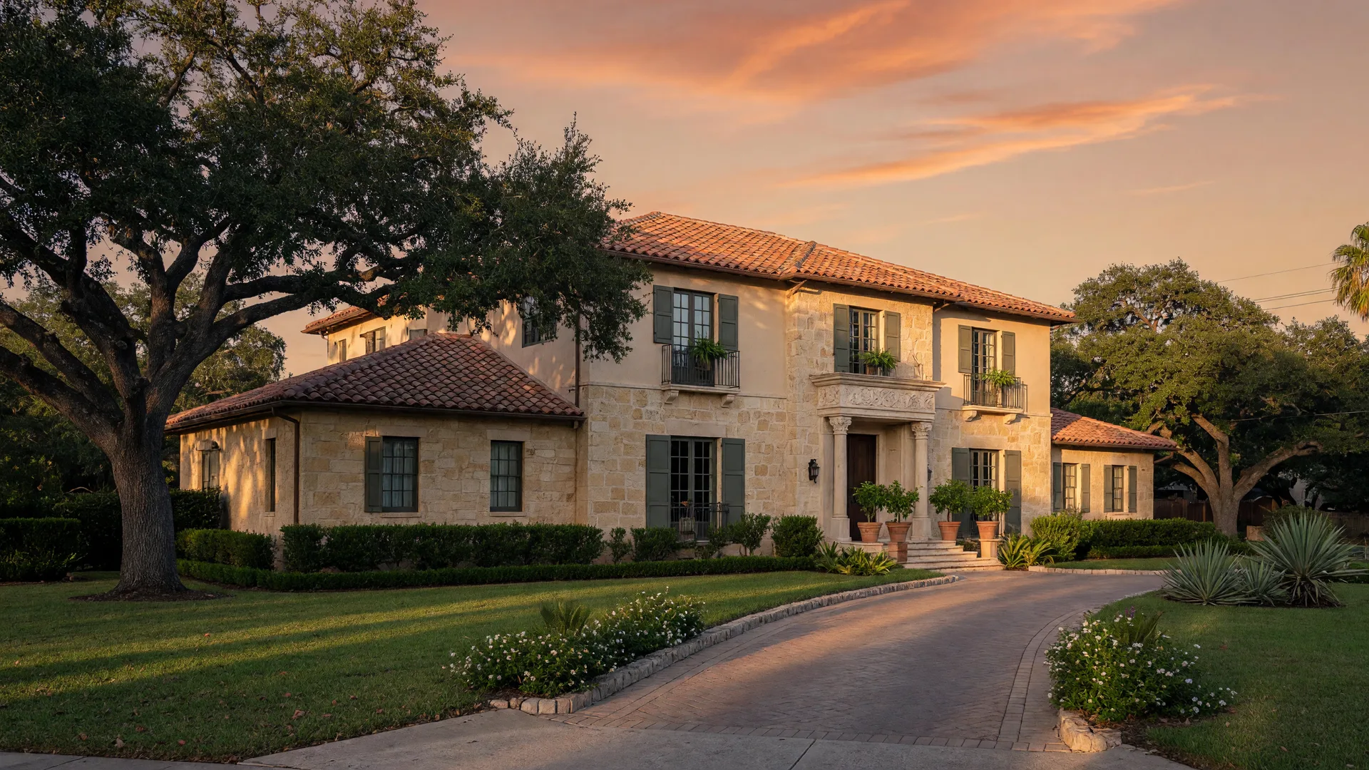 An upscale estate home on San Antonio's far west side with limestone and stucco walls, a tile roof, and mature live oaks at golden hour, in the San Antonio home inspection service area of Rodeo Home Inspections