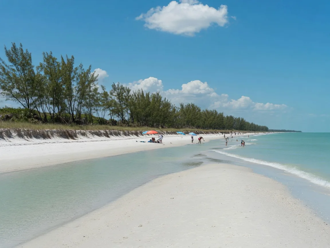 Tigertail Beach on Marco Island, Florida with white sand sloping into turquoise Gulf surf, a calm lagoon with sandbars, and sea grass along the dunes under a bright blue sky