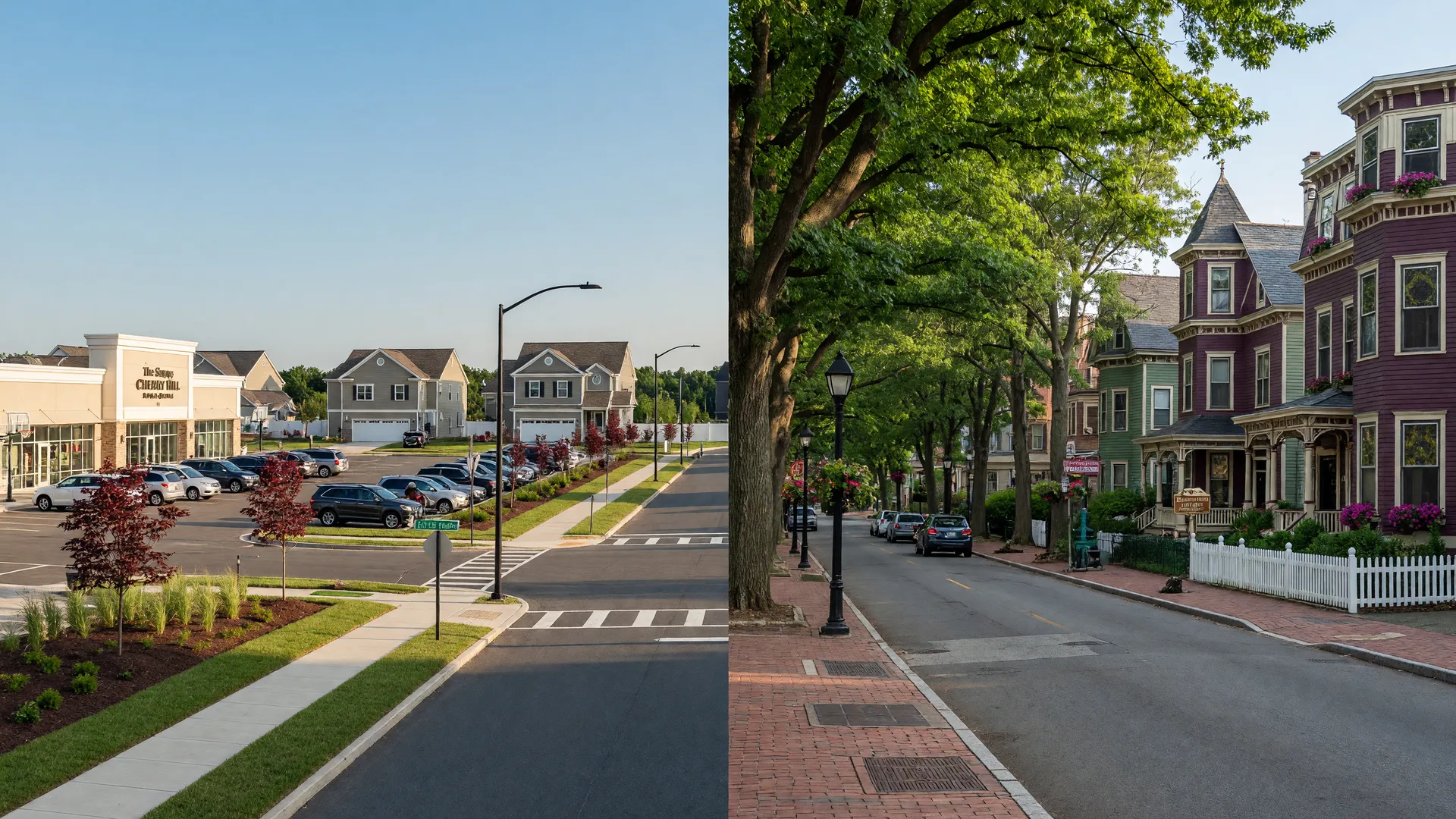 Split-screen comparison of modern Cherry Hill vs historic downtown Haddonfield