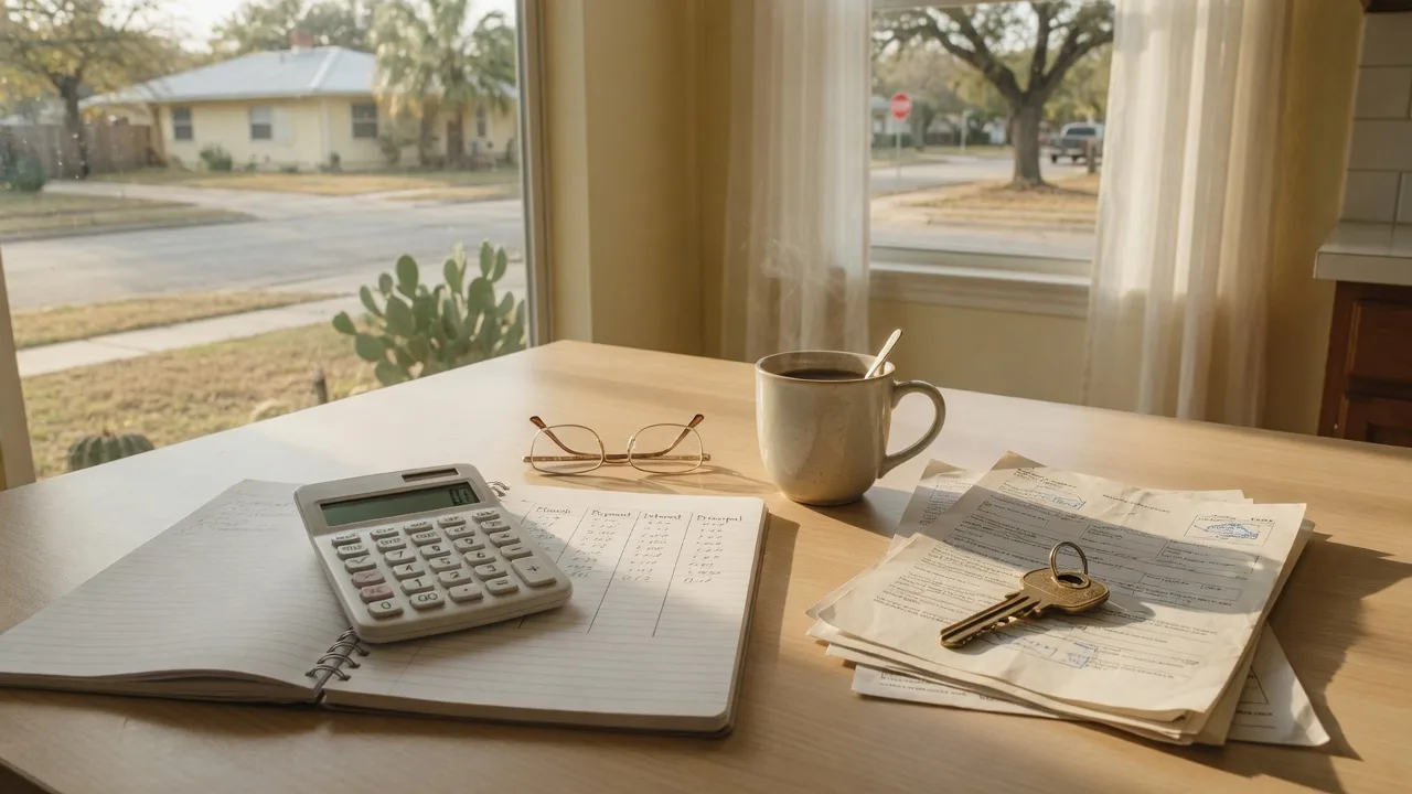 Sunlit kitchen table with a home budget notebook, calculator, coffee, and a house key