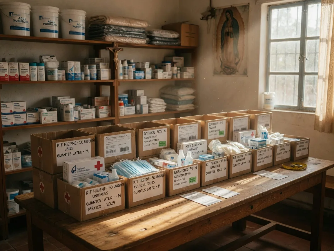 Boxes of medical supplies and hygiene kits ready in a sunlit mission storeroom