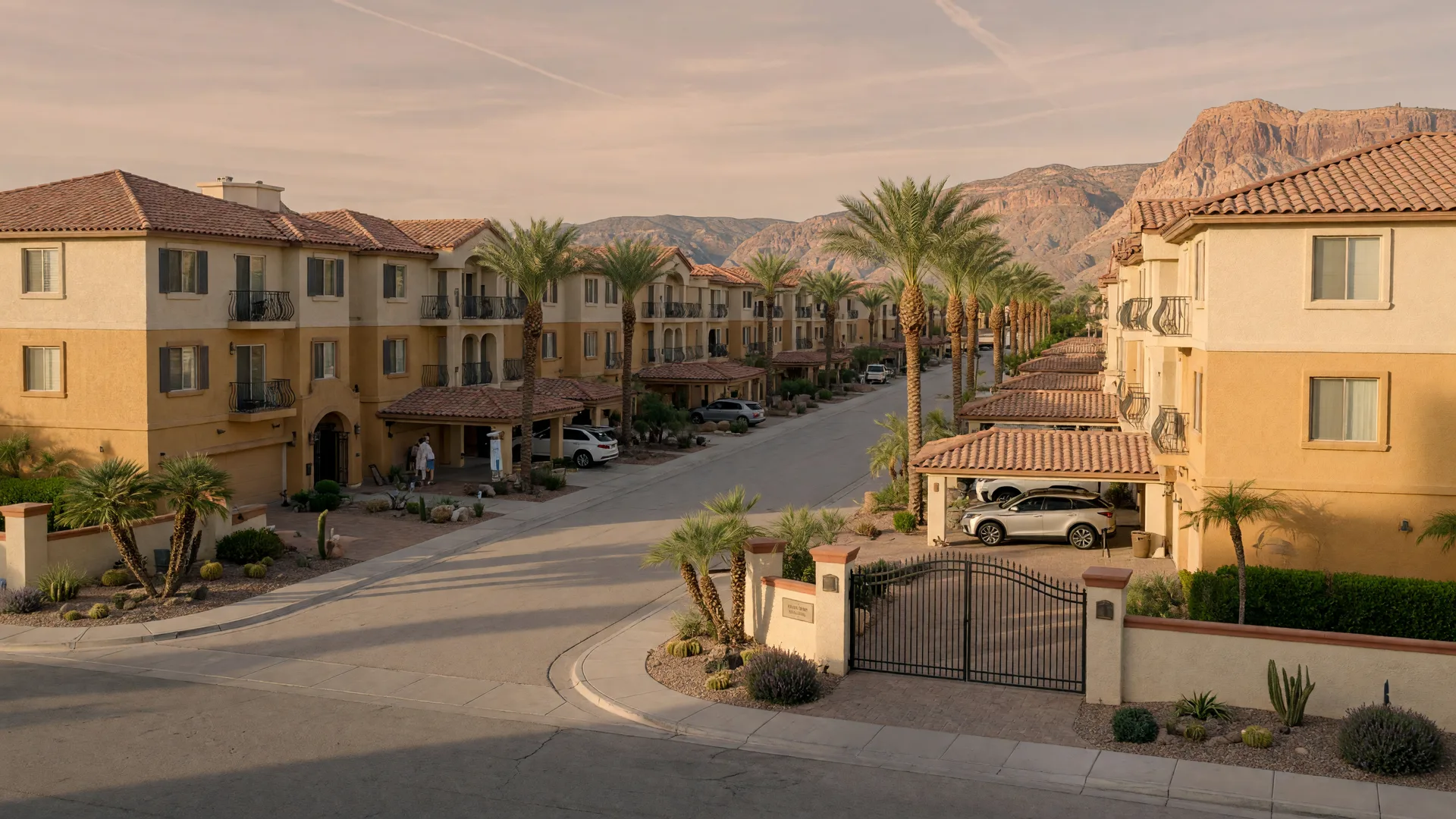 Gated Mediterranean-inspired two- and three-story stucco condominium buildings with clay tile roofs, palms and desert landscaping in a Summerlin community