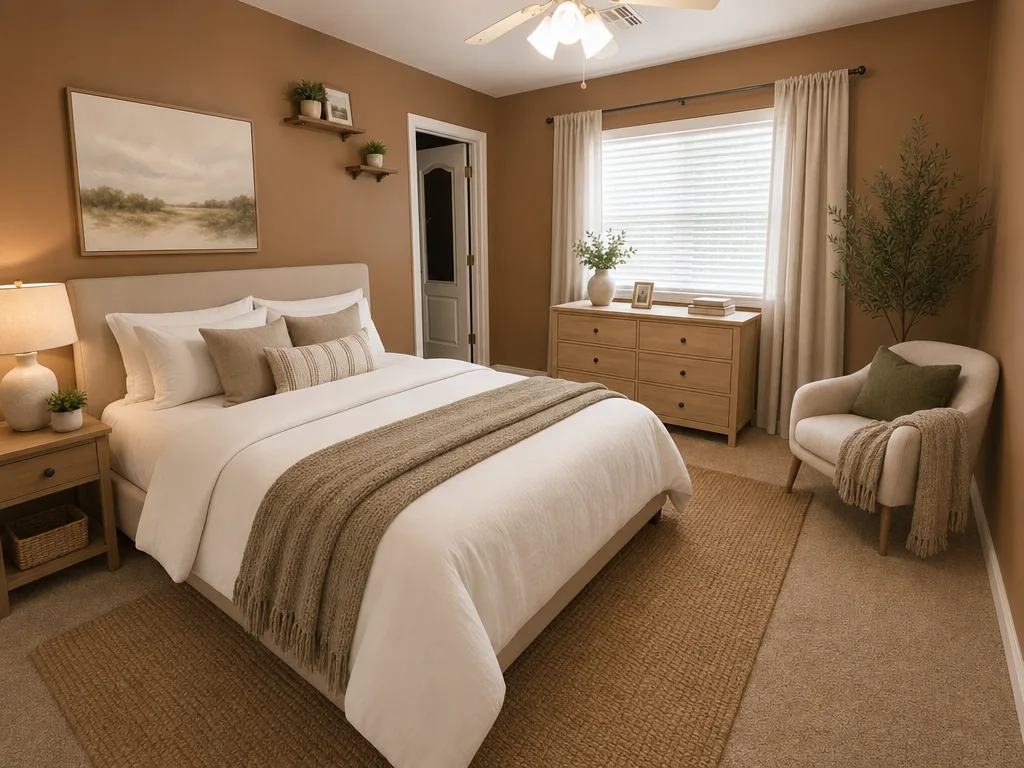 Virtually staged secondary bedroom with modern queen bed and warm accents
