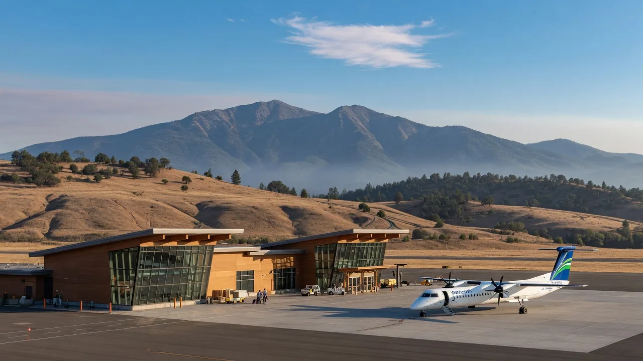 Regional jet on the tarmac at Rogue Valley International-Medford Airport with mountains rising behind the runway