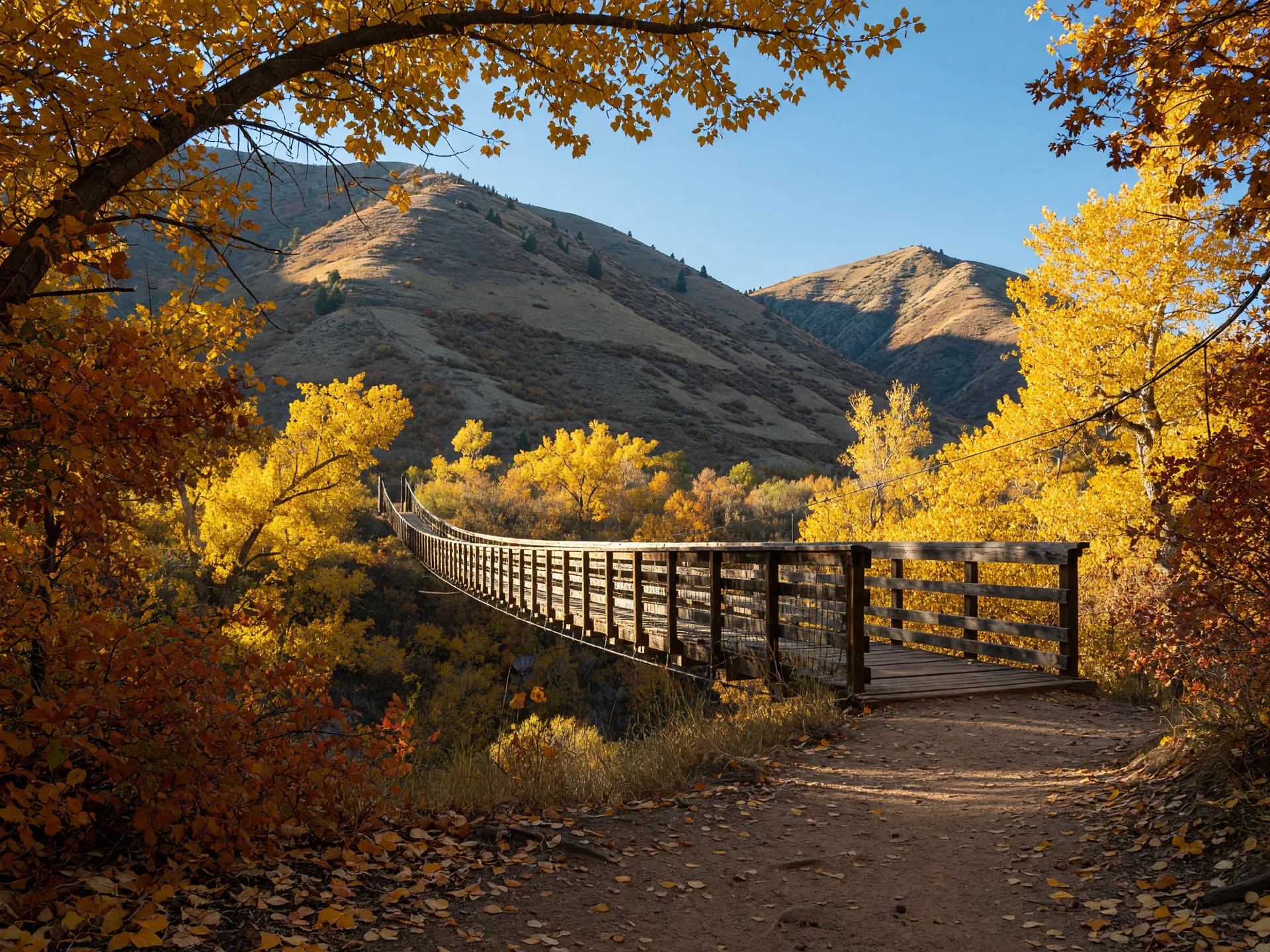 The Bear Canyon Suspension Bridge in Dimple Dell Regional Nature Park in Sandy Utah framed by golden cottonwoods and amber scrub oak on a crisp October afternoon with the Wasatch foothills behind