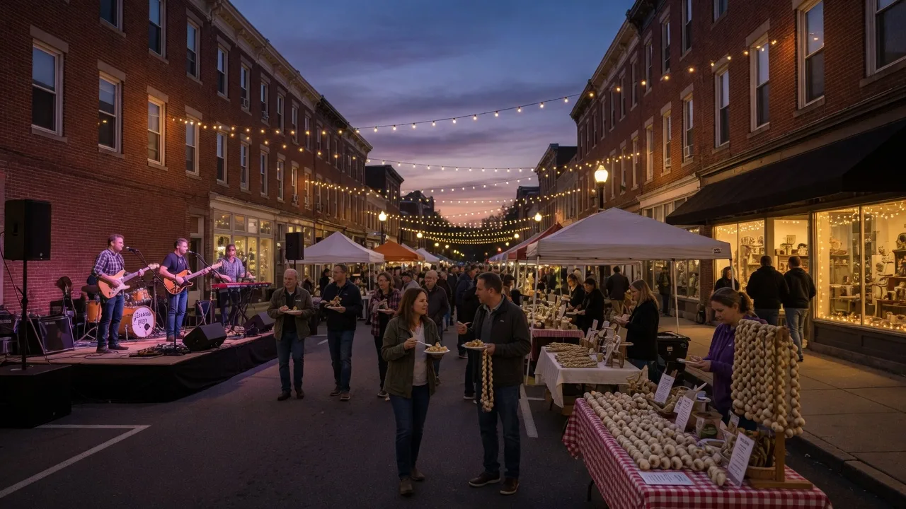 South 3rd Street in Easton closed for a festival preview night at dusk, warm string lights strung between brick storefronts, a cover band on a low stage, festival-goers strolling with paper plates of garlic food, vendor tables with garlic bulbs at the curb, glowing shop windows under a deep blue twilight sky