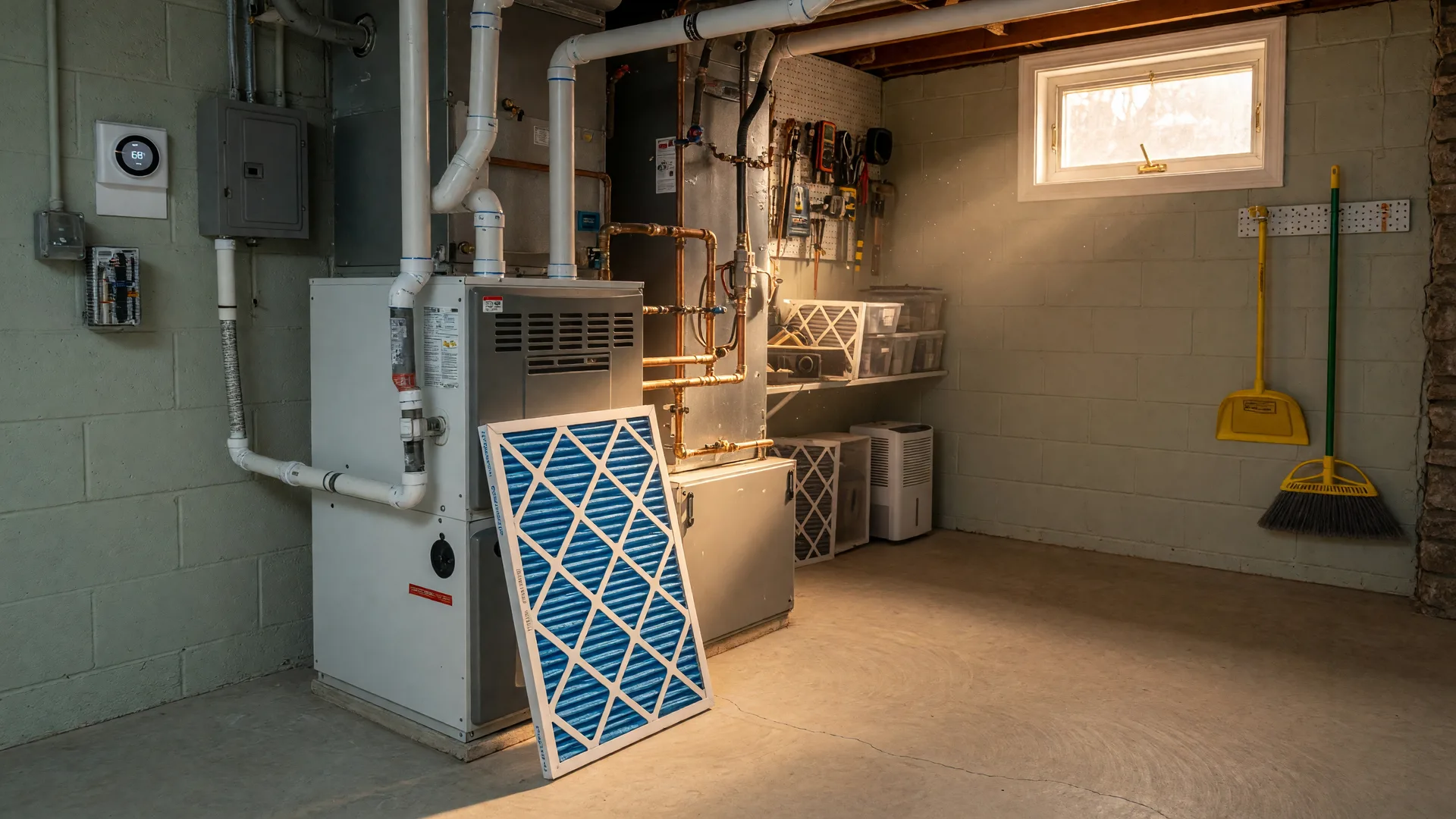 Modern high-efficiency gas furnace with copper supply lines and a clean air filter in the tidy basement utility room of a Cherry Hill colonial home