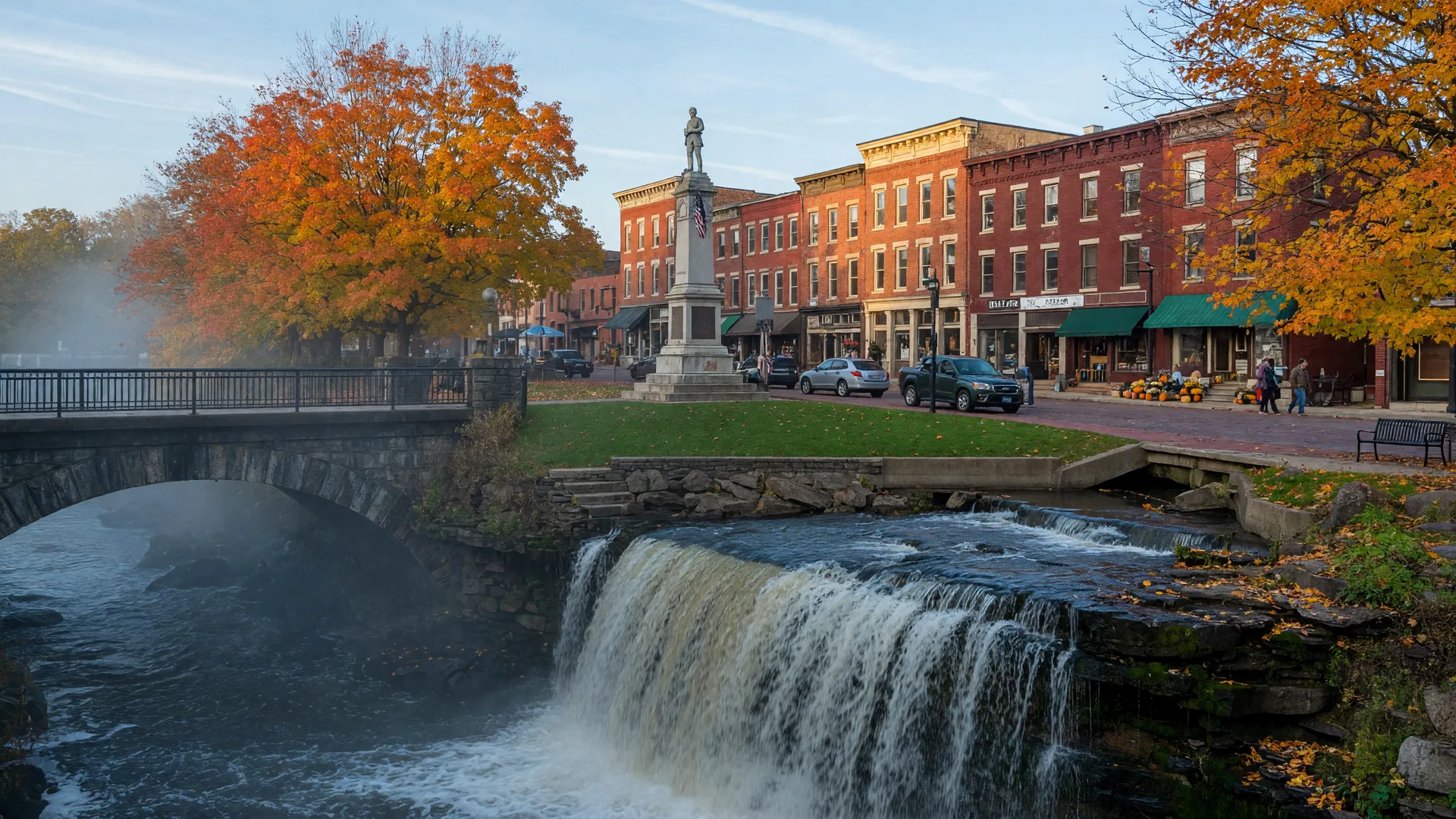 The Chagrin River waterfall dropping about 20 feet beneath the stone Main Street bridge in Chagrin Falls, Ohio on a crisp late-October morning, 19th-century brick commercial buildings and the Triangle Park village green rising behind it, maples turning orange and gold
