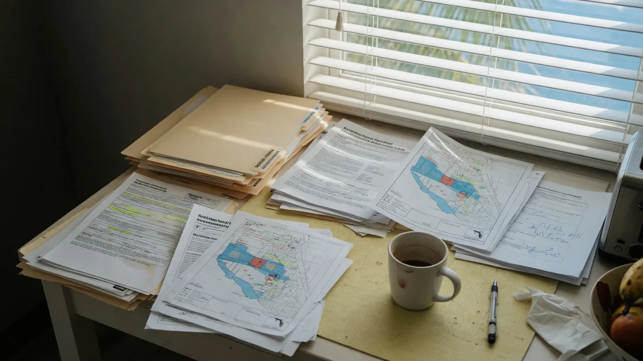 Florida home insurance documents and flood zone maps spread on a kitchen table