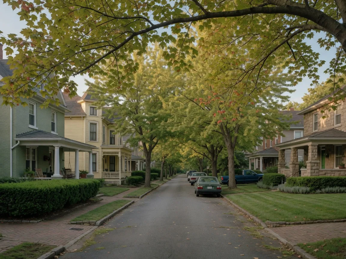 A quiet tree-lined street of homes in a historic Maryland garden suburb