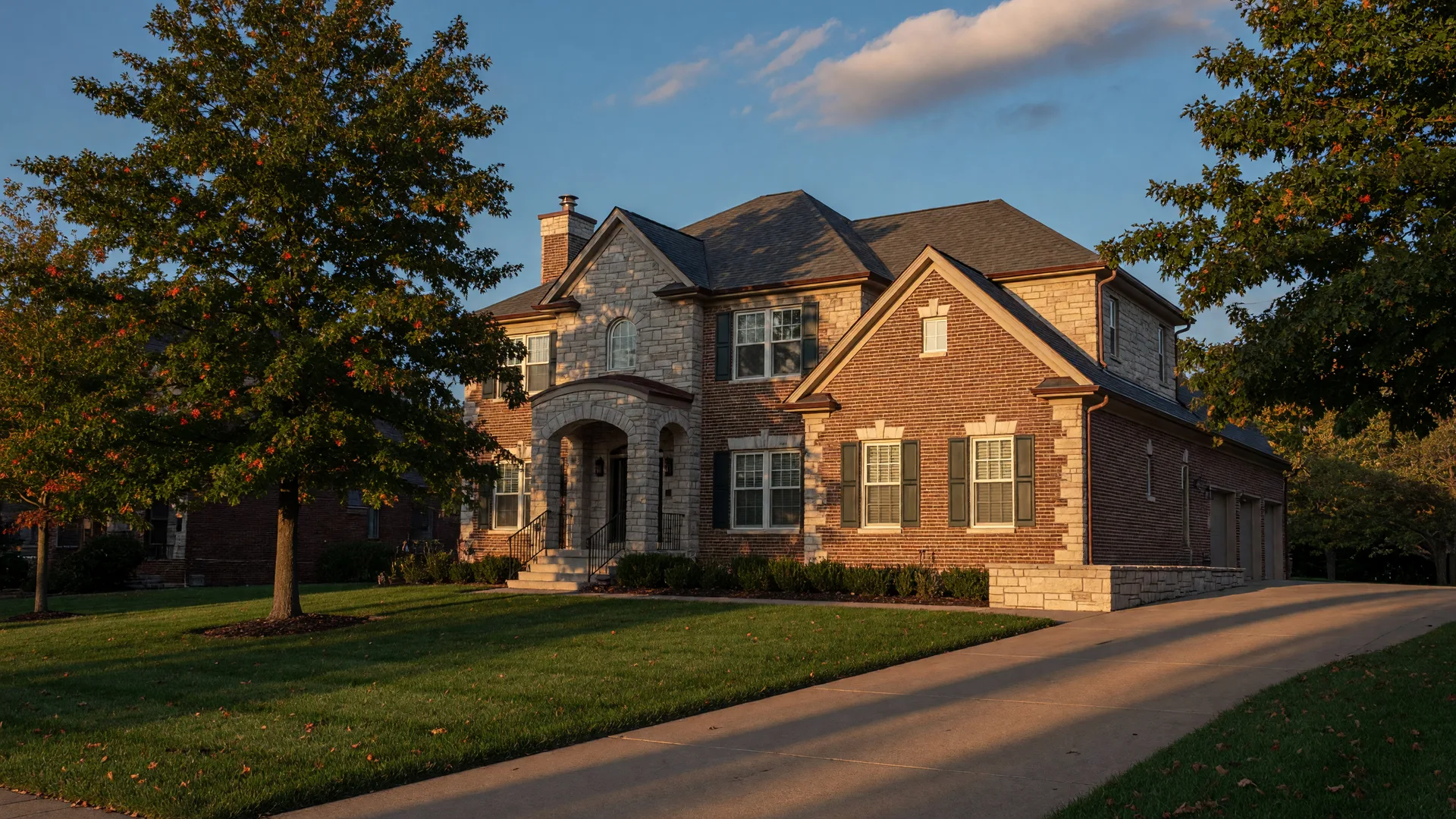 Brick and stone home in St. Louis County at golden hour