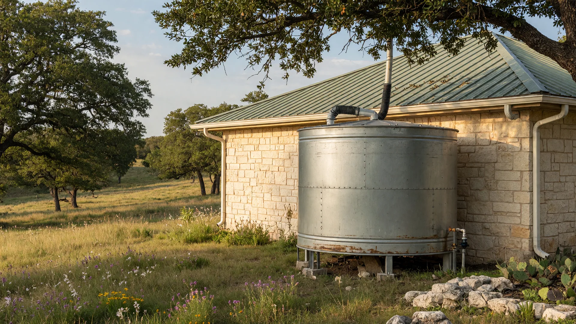 A large galvanized steel rainwater collection tank connected to the downspout of a limestone ranch-style home with a metal roof, surrounded by live oak trees and native Texas Hill Country landscaping