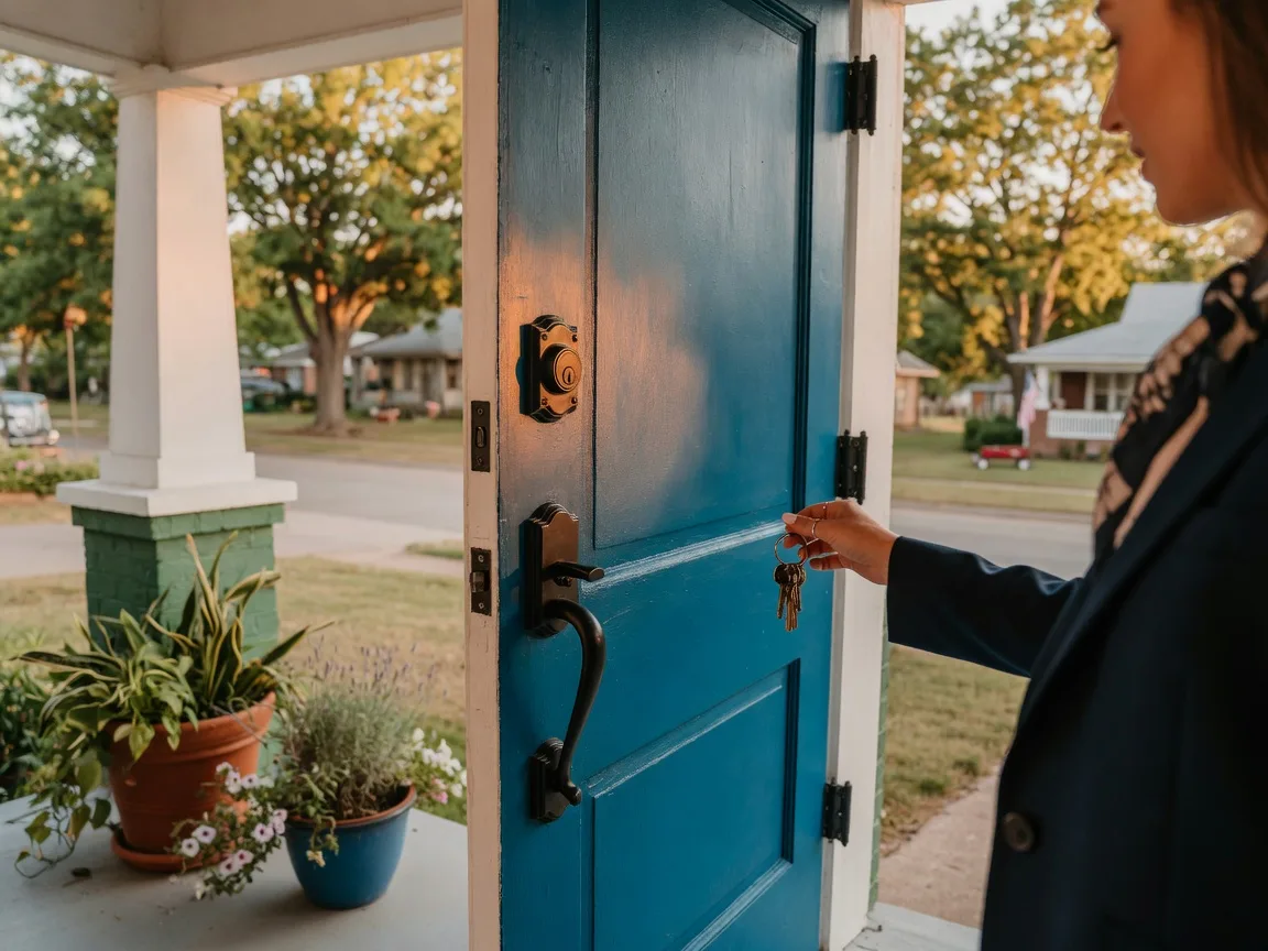 A craftsman-style front door in golden hour light with keys in hand and potted plants on the porch
