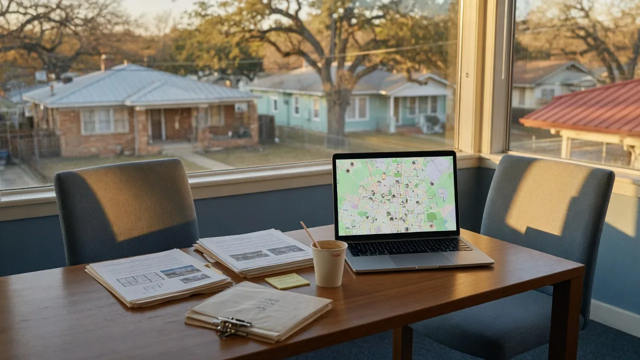 Two chairs across a desk in a real estate office, laptop open to a neighborhood map