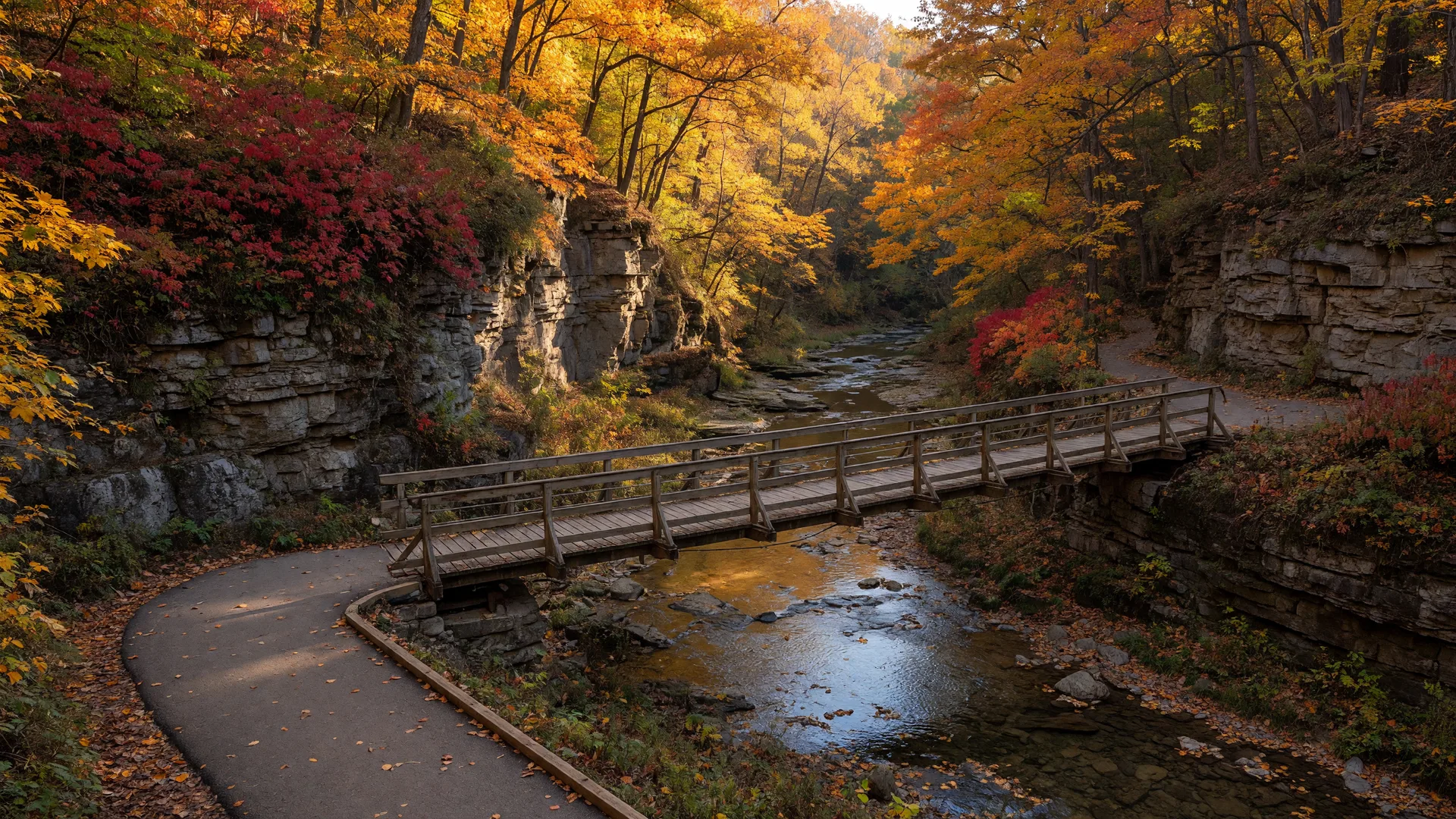 A wooded autumn gorge with a pedestrian suspension bridge crossing Euclid Creek