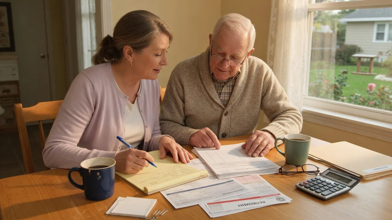 An adult daughter and her elderly father reviewing financial documents and a property tax notice at a sunlit kitchen table
