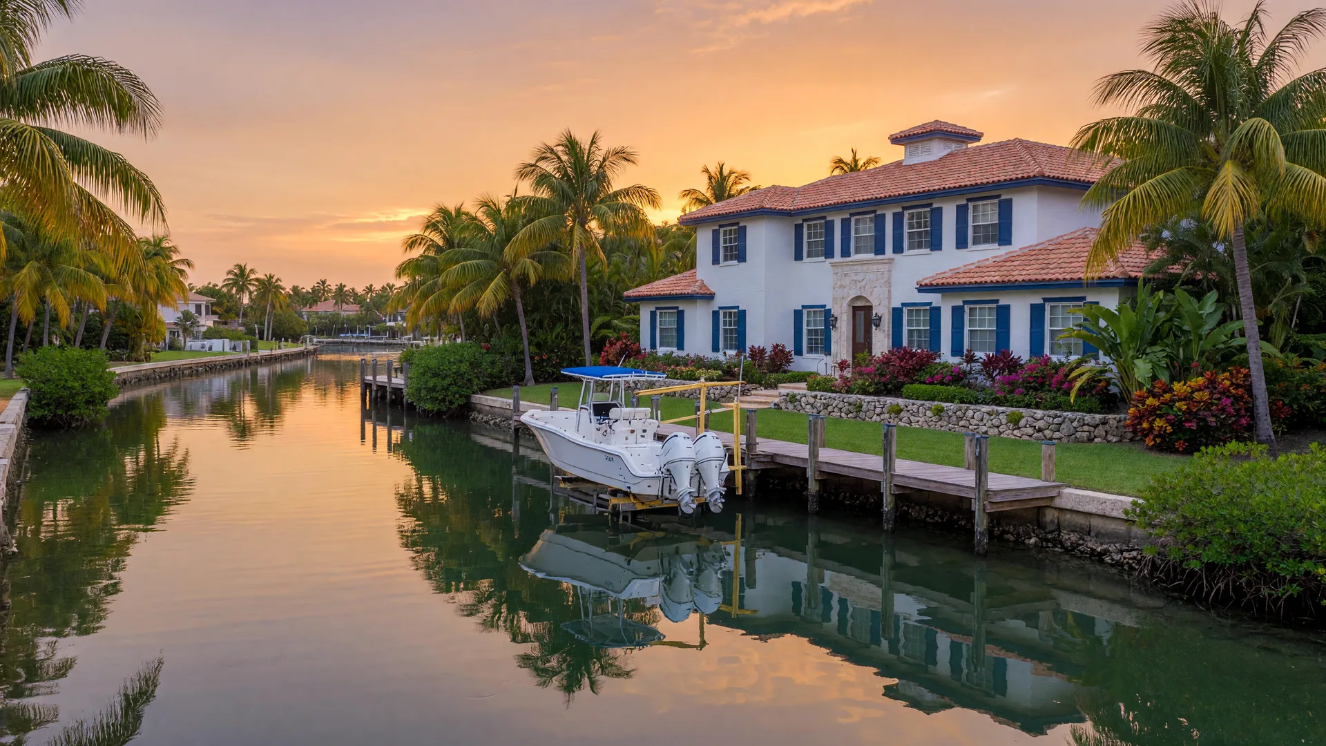 A golden-hour South Florida waterfront home with a private dock and boat lift on a calm canal