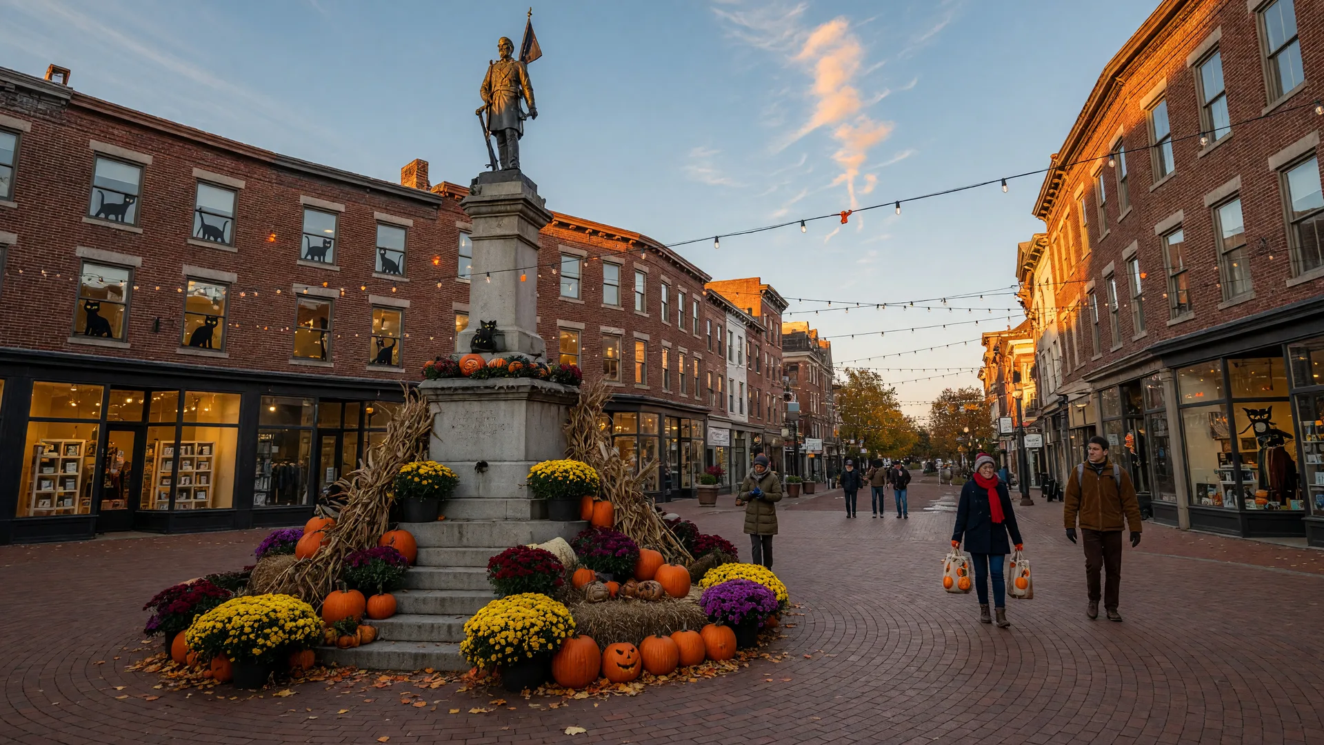 Easton's Centre Square circle in golden late-October light, the Soldiers' and Sailors' Monument at the center framed by mums, pumpkins and corn stalks, brick storefronts glowing warmly, black cat cutouts and string lights overhead, and bundled pedestrians crossing the brick plaza under a clear blue sky