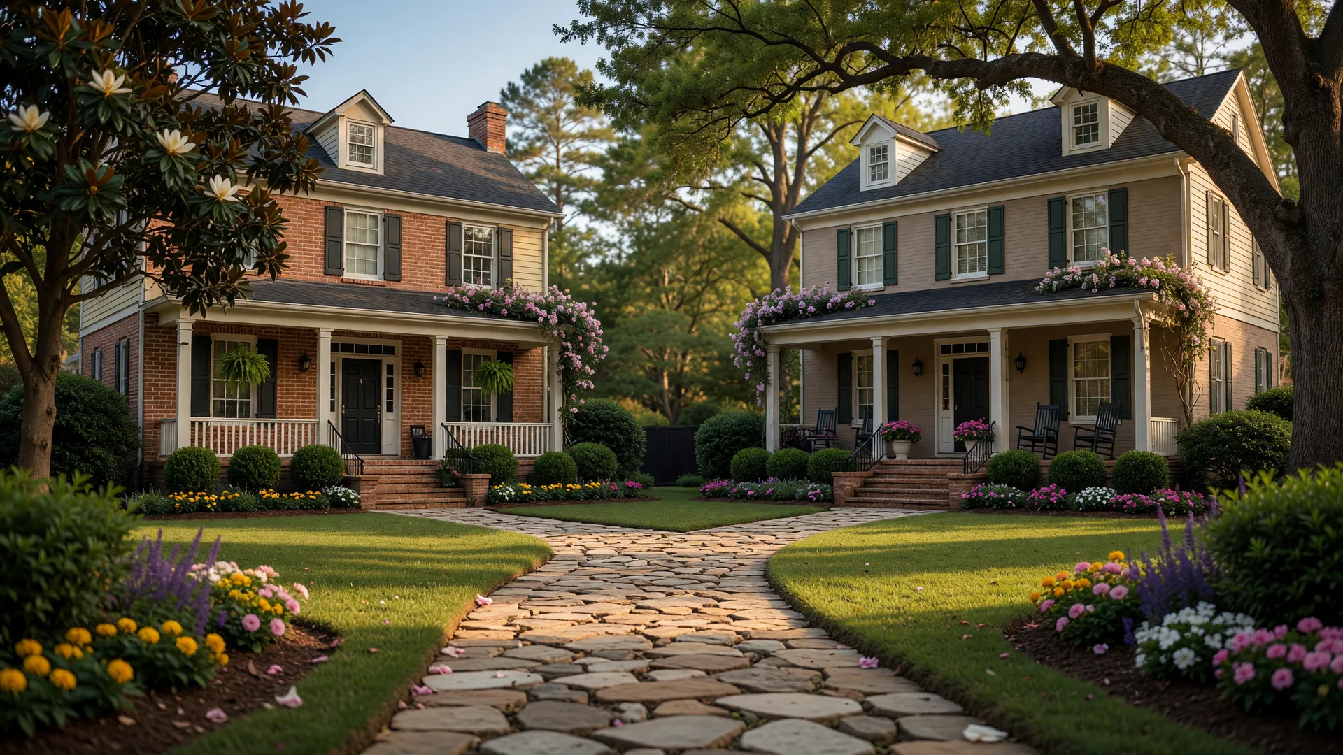 Two homes connected by a pathway symbolizing the transition from one home to another