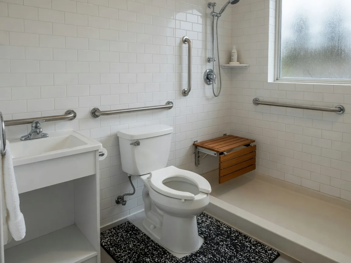 An accessible bathroom with chrome grab bars beside a white vanity and raised toilet, a walk-in shower, and a non-slip bath mat