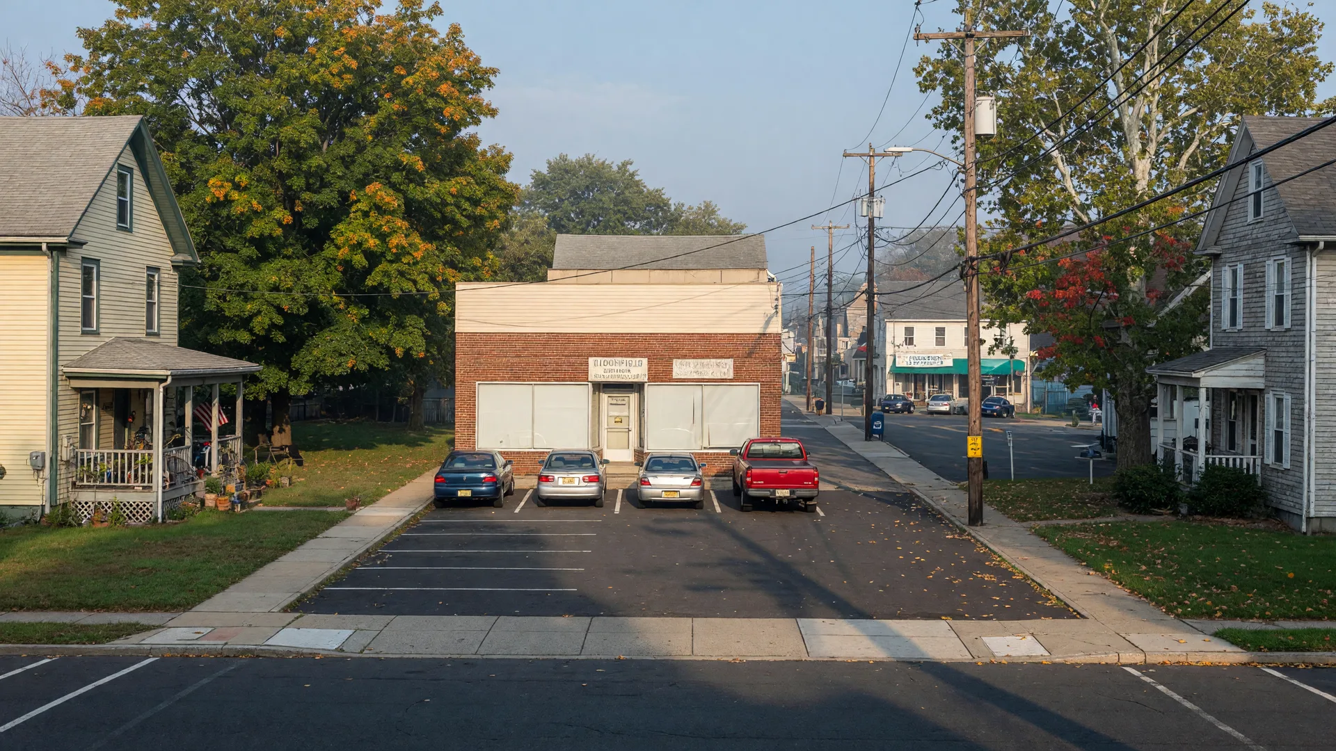 A low one-story commercial storefront on Locust Avenue in Bloomfield NJ with a small parking lot, neighboring homes, and mature trees in early-autumn morning light