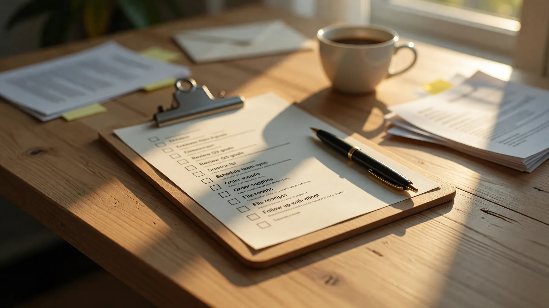 Clipboard with a checklist and pen on a sunlit wooden desk