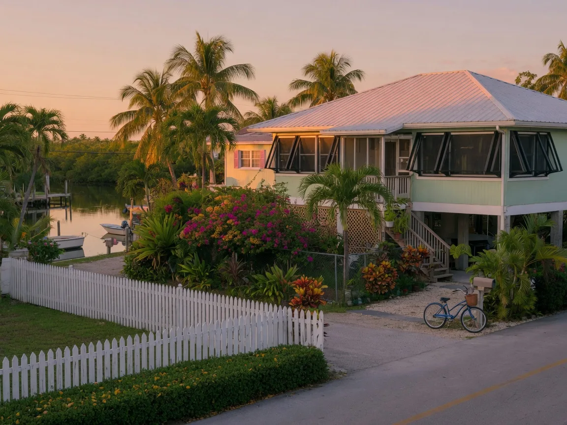 A quiet residential street in a Key Largo neighborhood at golden hour, a low hedge and white picket fence in the foreground, an elevated Keys-style home with a metal roof and impact windows behind a lush tropical yard, a bicycle by the driveway and a calm canal in the background