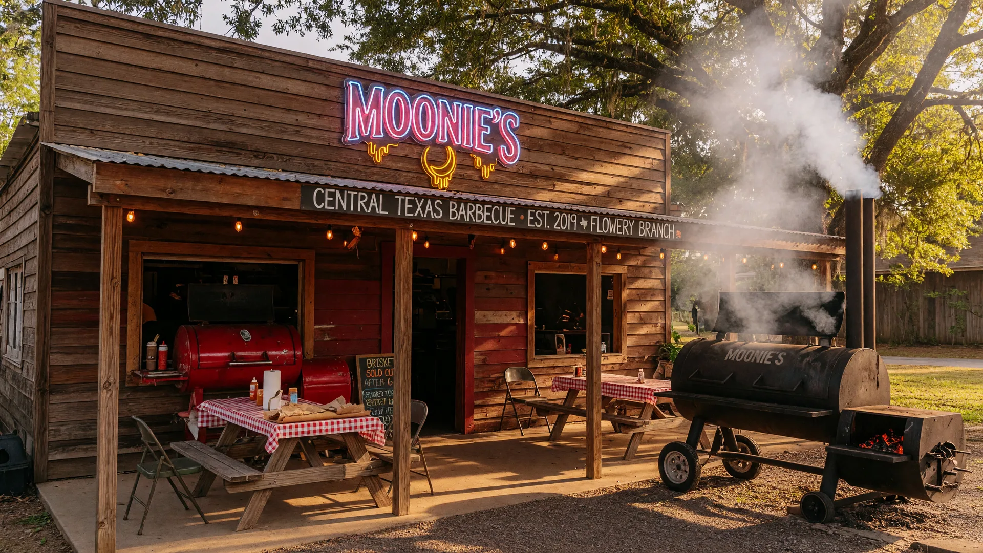 Moonie's Texas Barbecue restaurant exterior in Flowery Branch Georgia with rustic wooden facade and glowing neon sign on a warm golden afternoon