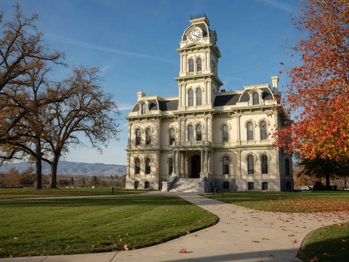 A historic courthouse museum with a central clock tower in a Central Valley town on a sunny early-November afternoon, mature valley oaks turning amber and red around the lawn, and the hazy Sierra Nevada foothills on the horizon