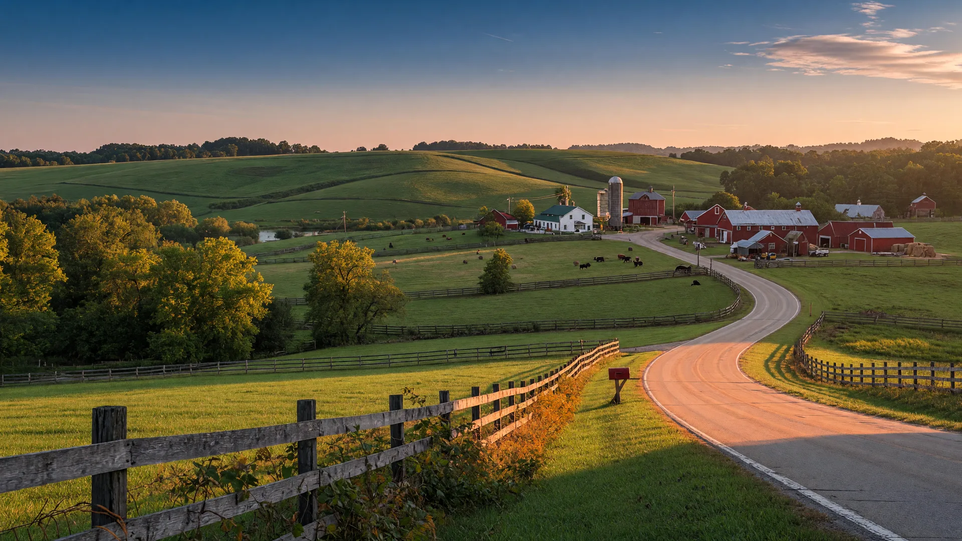 Rolling green Warren County farmland with tree-lined fences and a winding two-lane road curving toward distant rooftops at golden hour