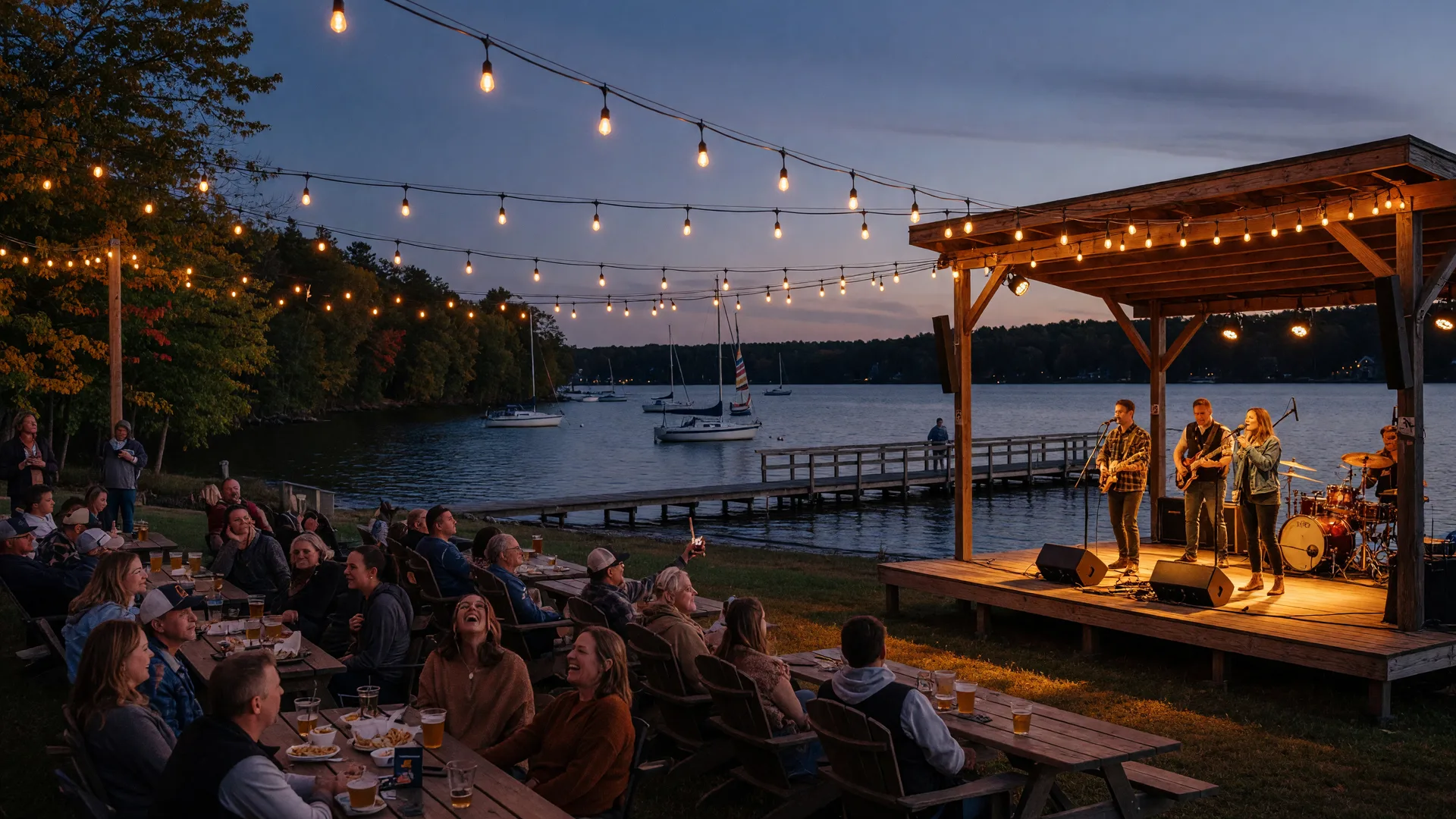 A live band performing under string lights on a lakeside stage on Lake Norman at late-September dusk, with a crowd at wooden tables, gold autumn shoreline foliage, and sailboats moored behind