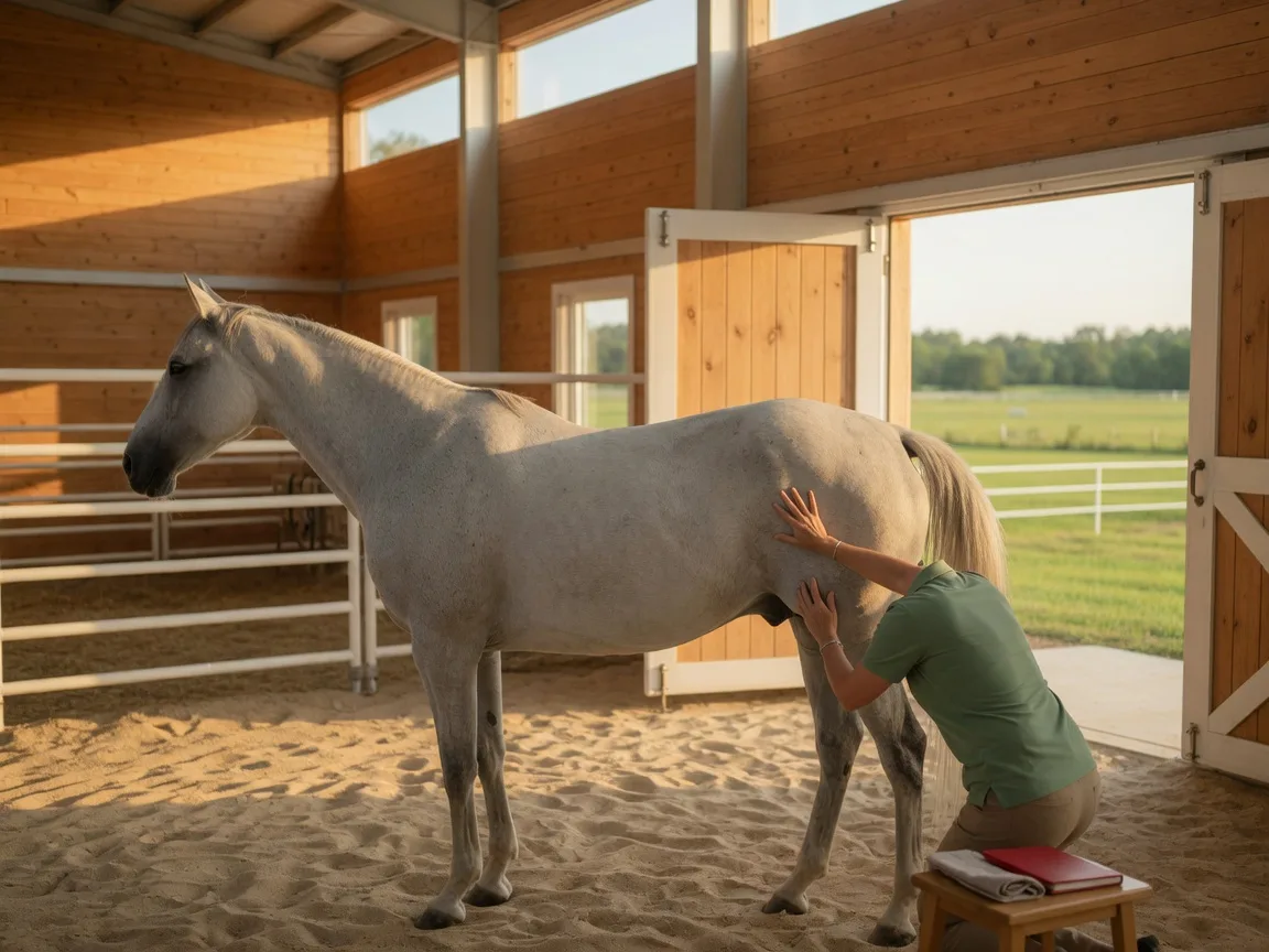 An equine chiropractic session in progress on a calm gray horse in a bright Aiken barn with sandy footing