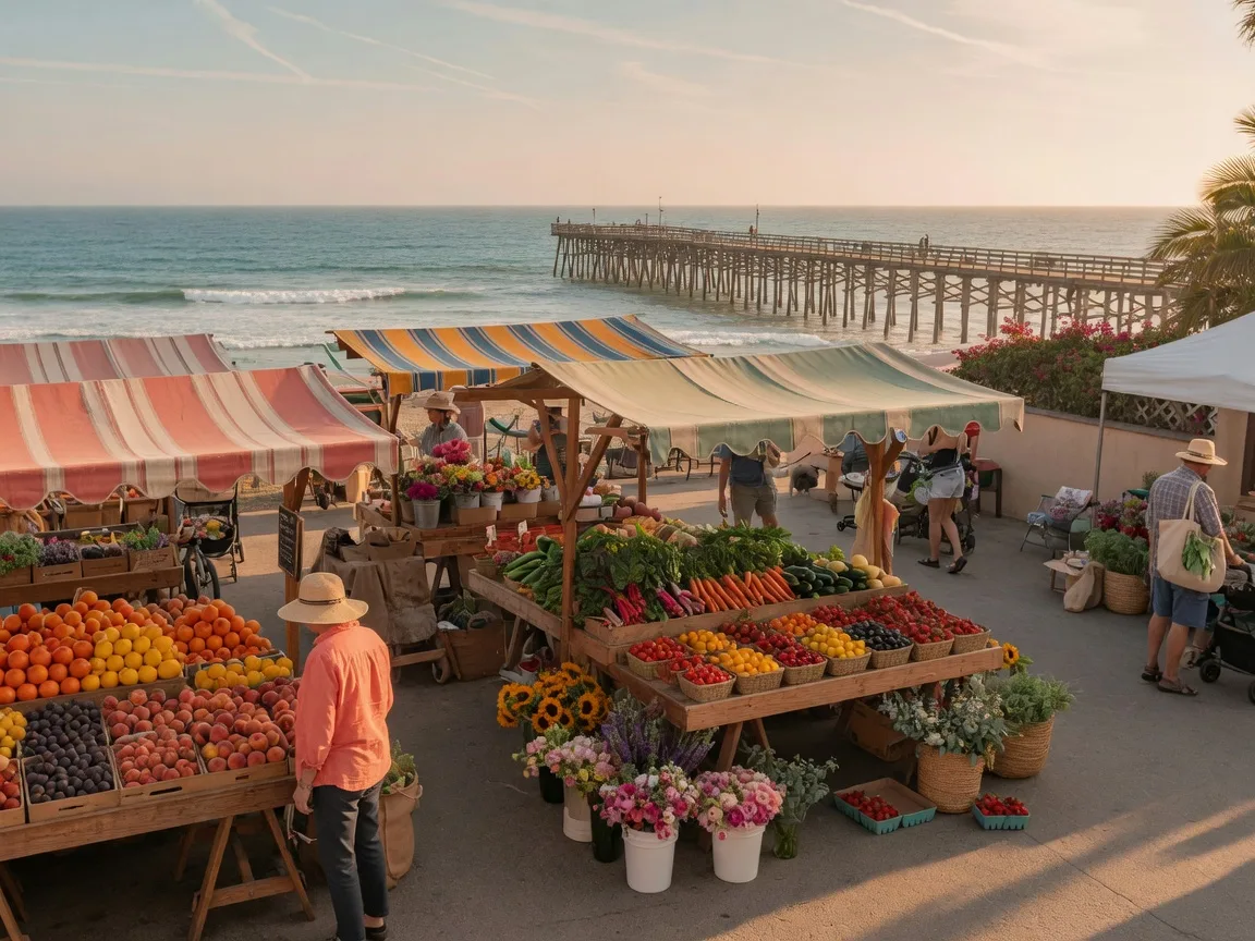 Farmers market stalls with fresh produce and flowers at the beachside plaza near the Imperial Beach Pier