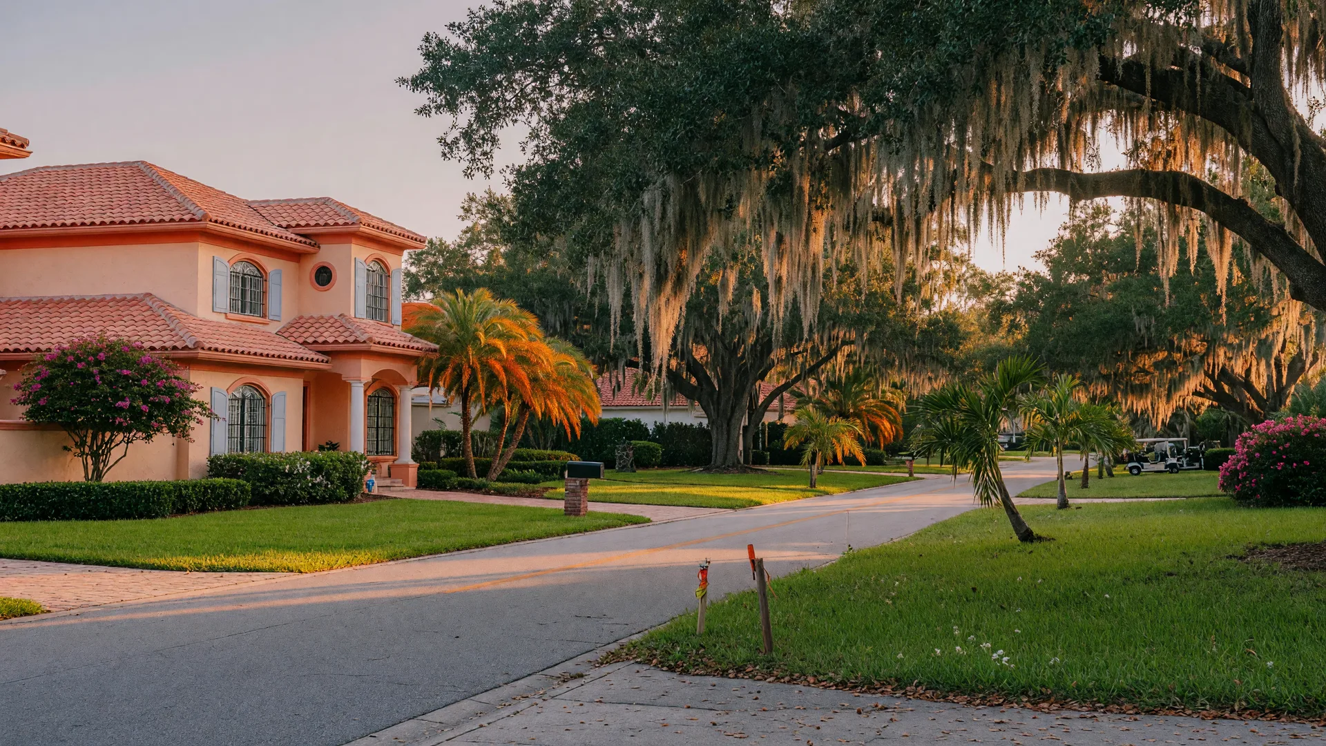 A refined Sarasota, Florida residential street at golden hour with Mediterranean-style homes, Spanish moss-draped oaks, and manicured lawns