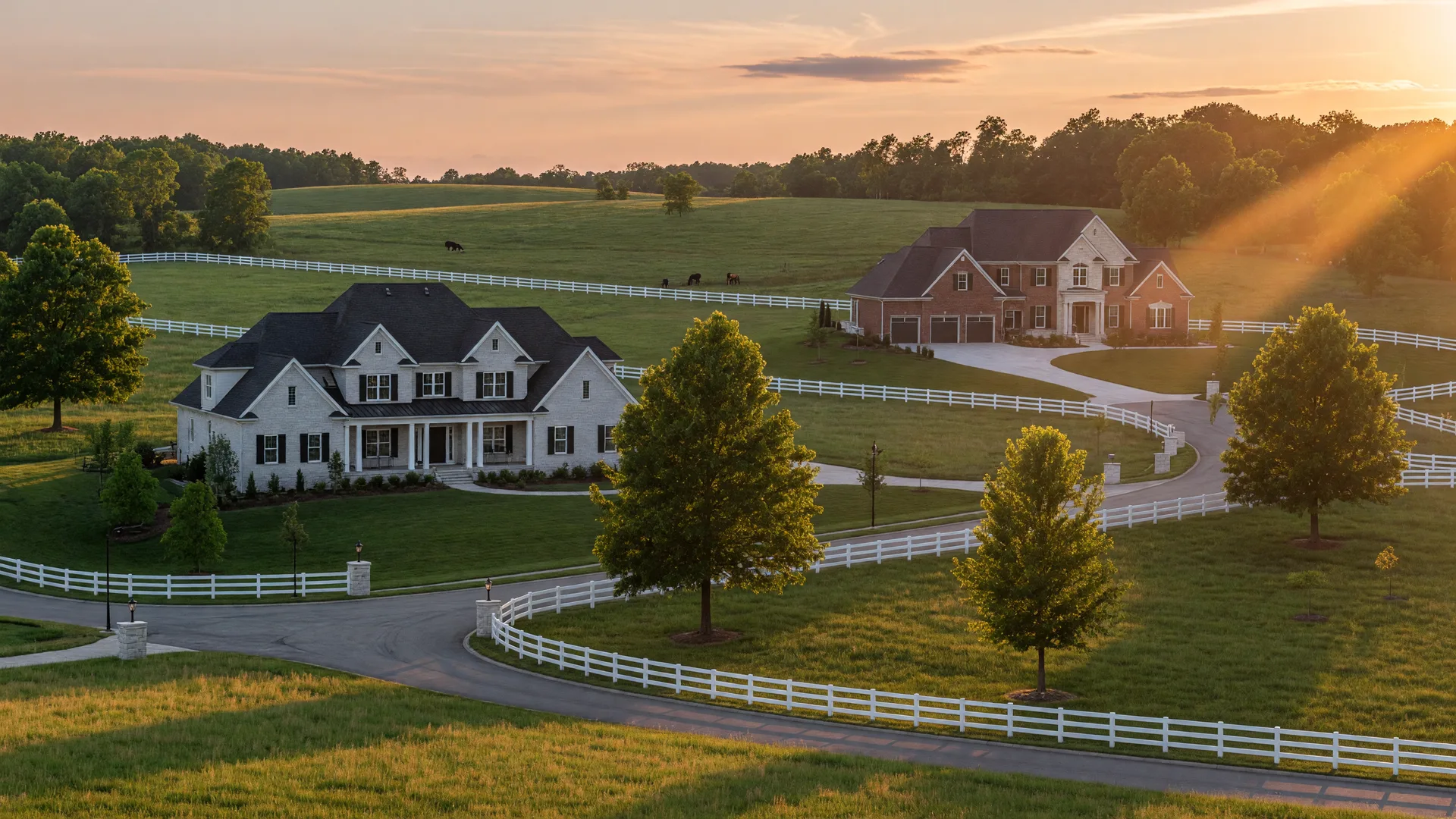 Estate-style new construction homes in Crestwood, Kentucky with Oldham County horse country setting, white limestone fences, and rolling green pastures