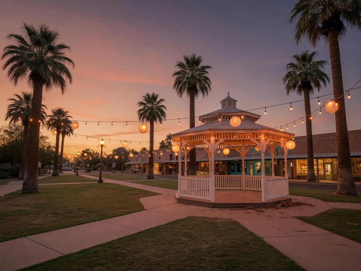 Historic downtown Chandler park plaza with a gazebo and palm trees at dusk