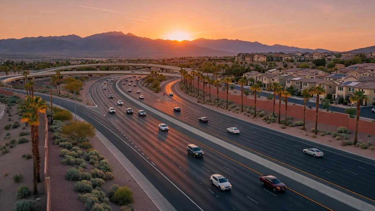 The I-215 Beltway in Southwest Las Vegas at golden hour with smooth traffic and the Spring Mountains in the distance