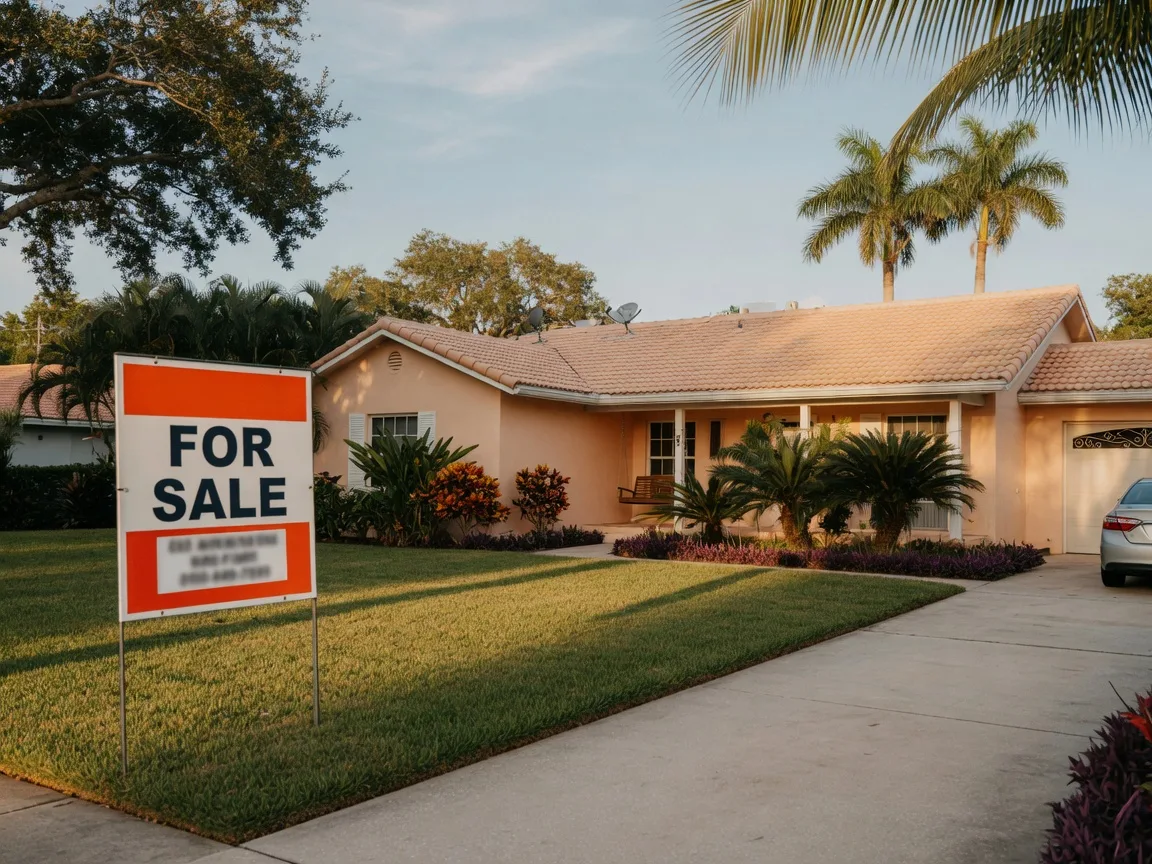 Florida home with a For Sale sign in the front yard
